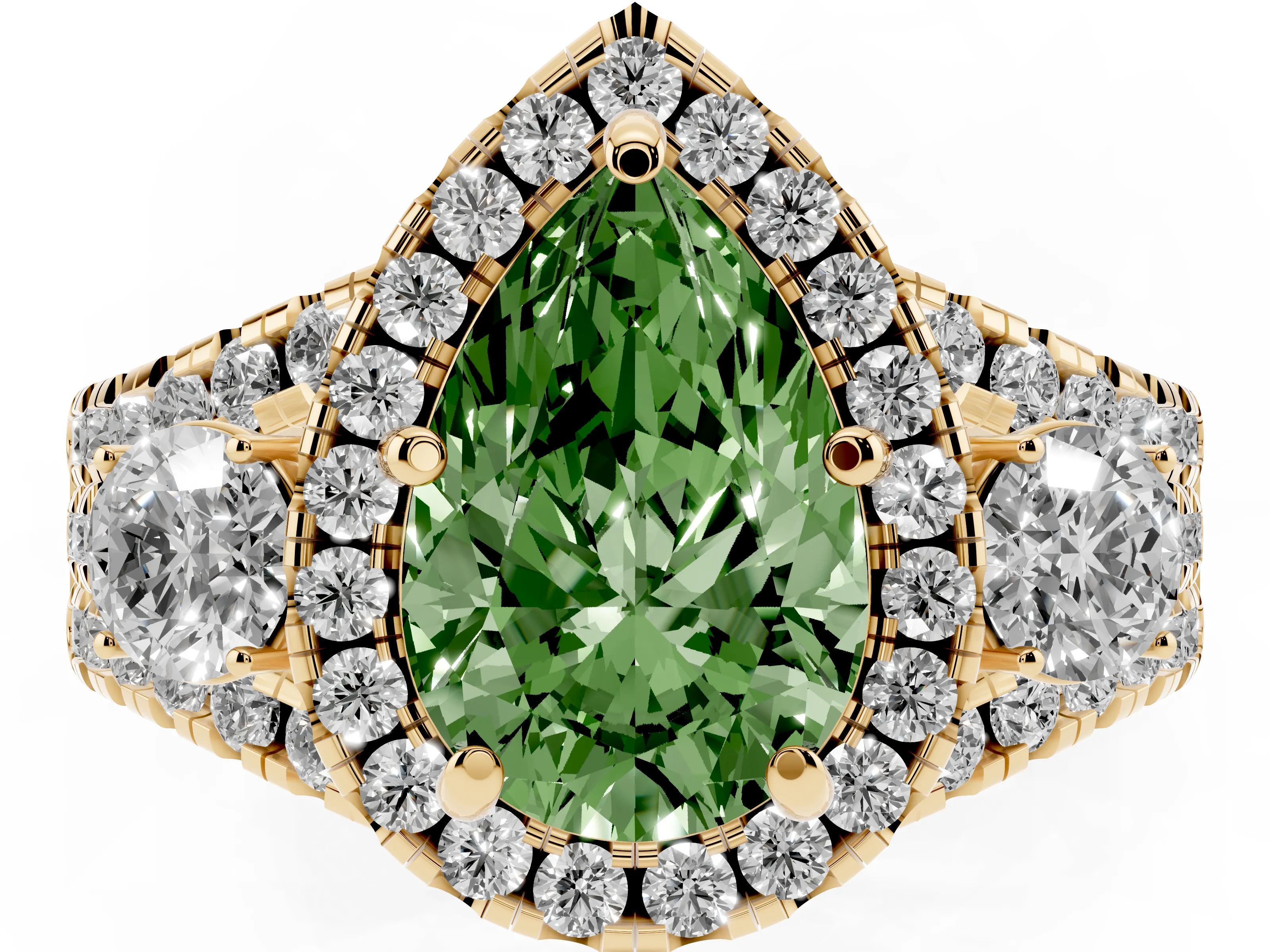 Fancy Green Pear Cut Diamond Halo Split Shank Ring Set in Yellow gold with Round Accent Stones and Prong Setting