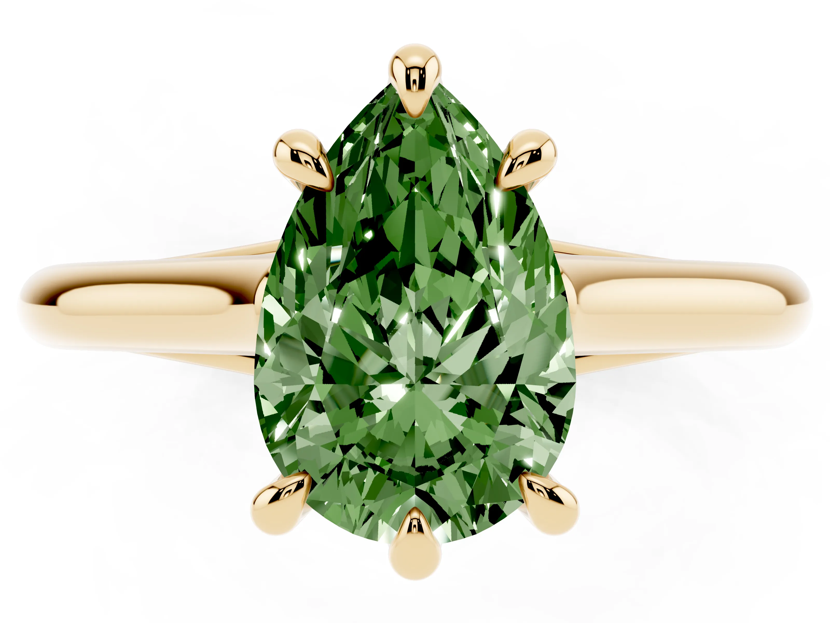 Fancy Green Pear Cut Diamond Solitaire Engagement Ring Set in Yellow gold with Prong Setting and Plain Classic Band