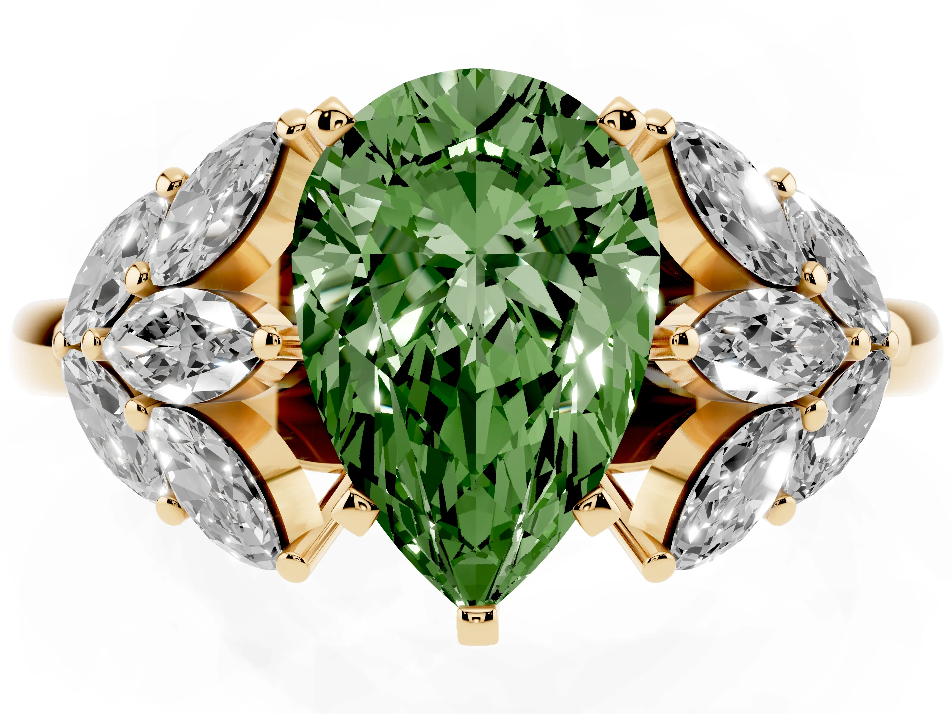 Fancy Green Pear Cut Diamond Cluster Leaf Design Ring Set in Yellow gold with Prong Setting