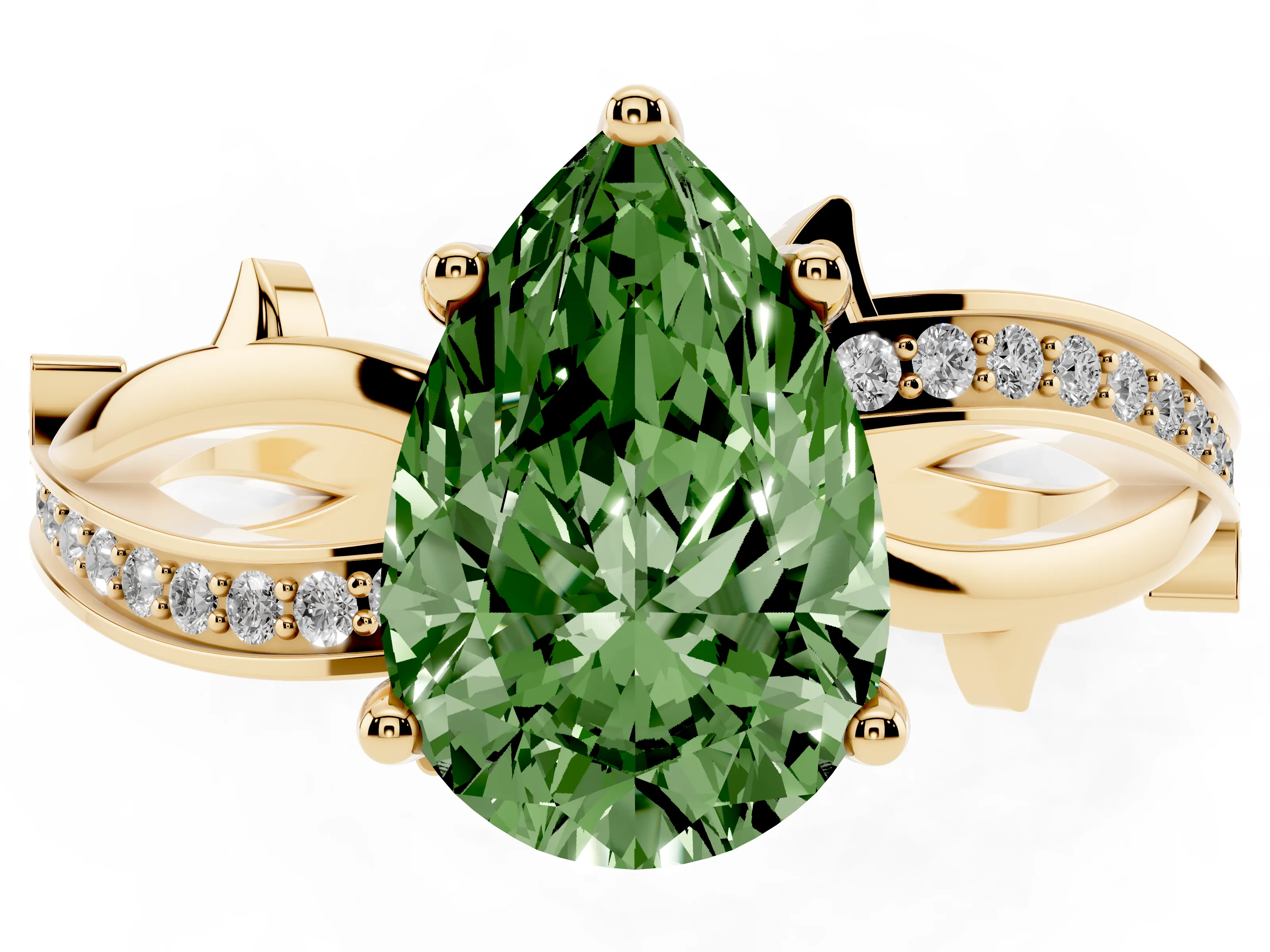 Fancy Green Pear Cut Diamond Pavé Twist Band Solitaire Ring Set in Yellow gold with Prong Setting