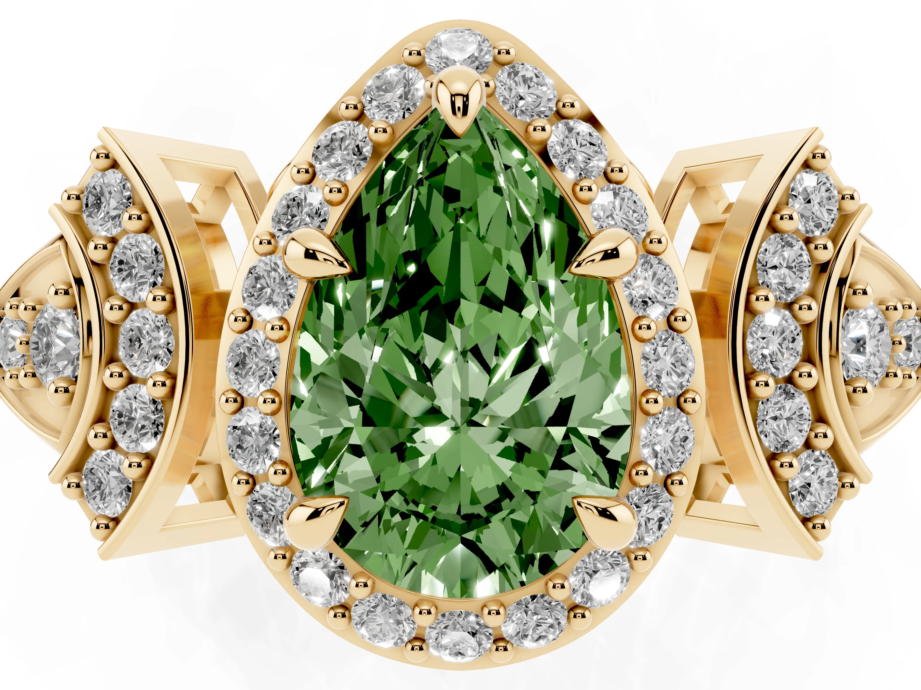 Fancy Green Pear Cut Diamond Halo Engagement Ring Set in Yellow gold with Accent Stone Split Shank