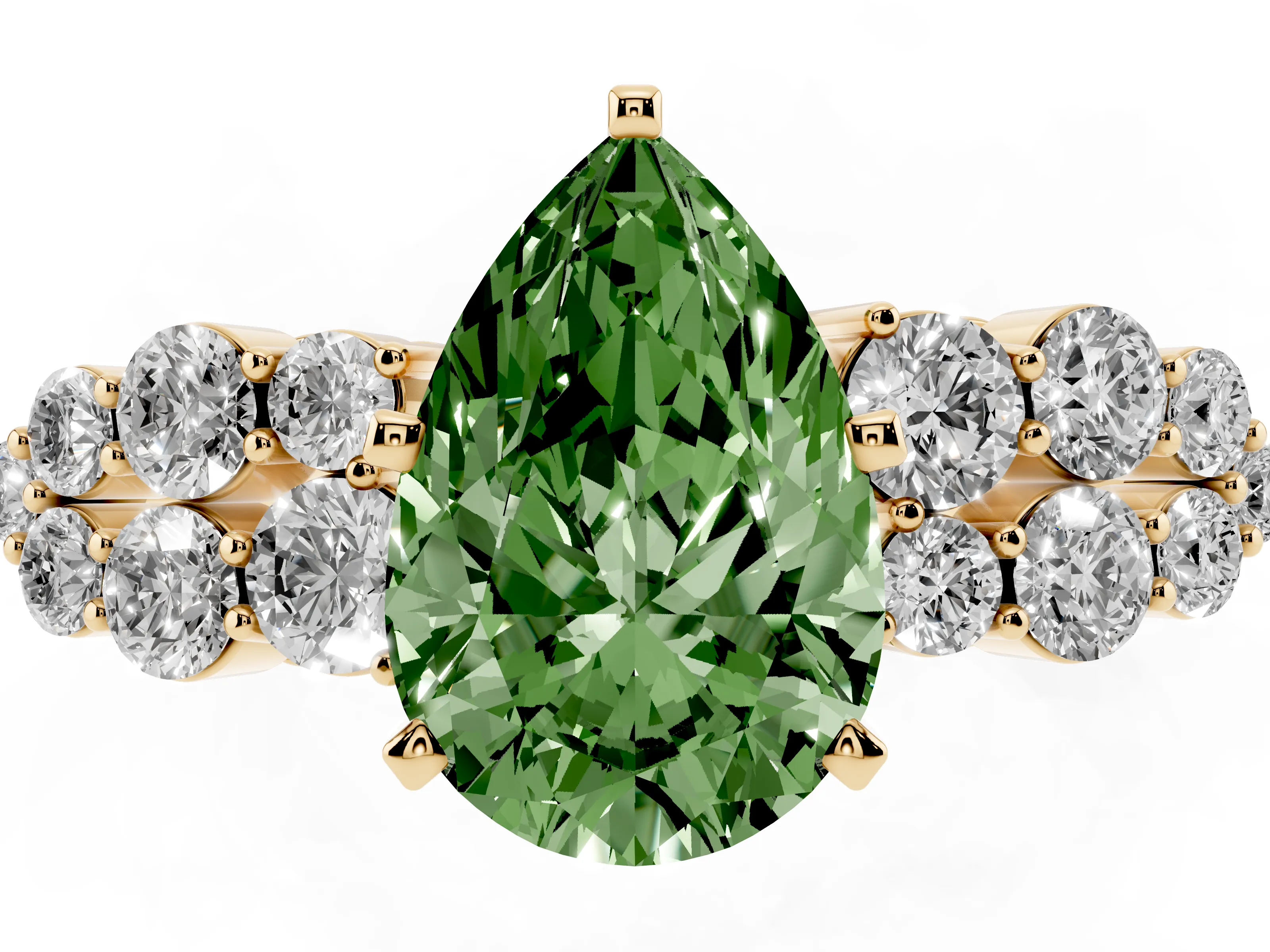 Fancy Green Pear Cut Diamond Cluster Engagement Ring Set in Yellow gold with Pavé Band and Prong Setting