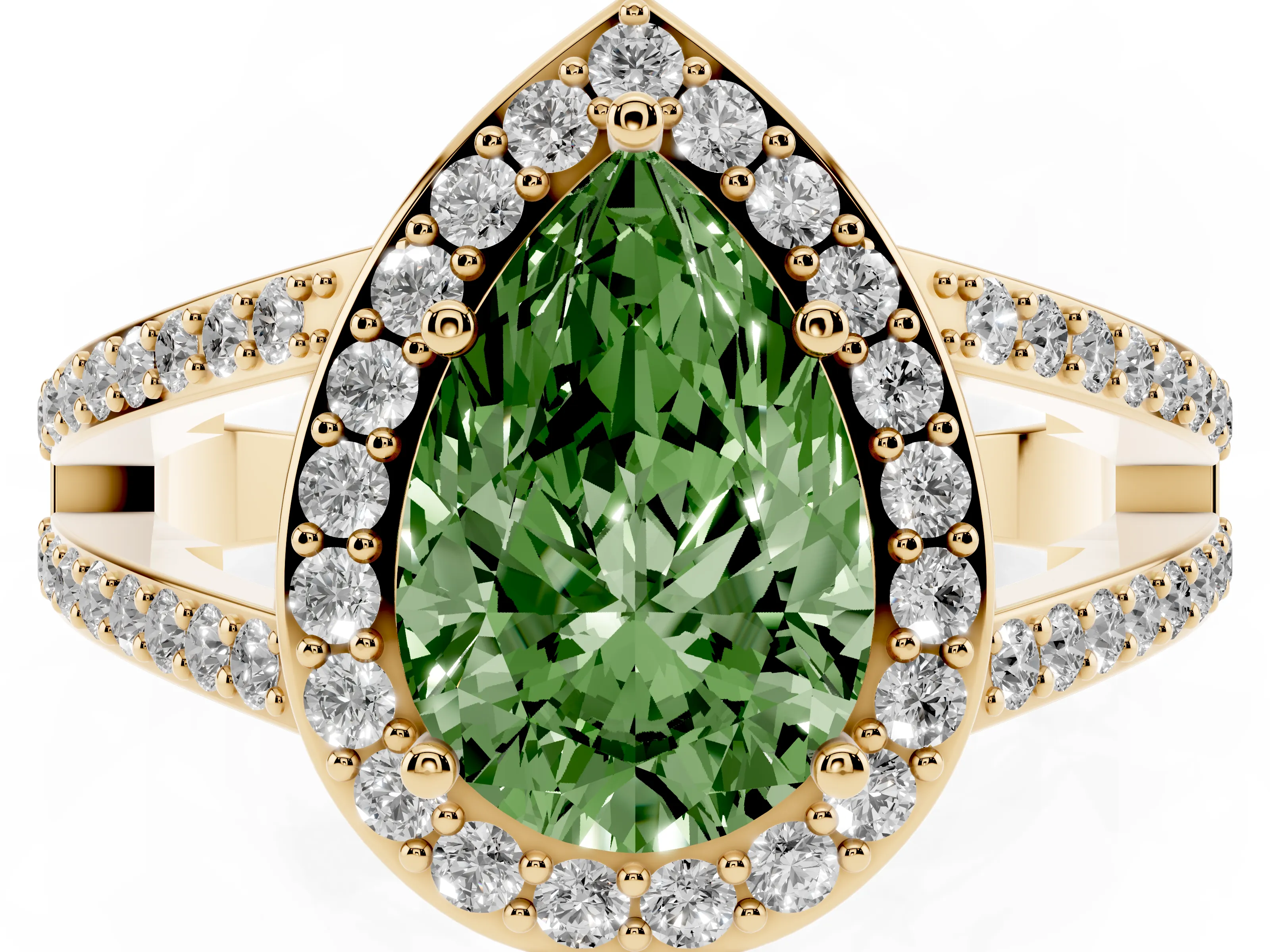 Fancy Green Pear Cut Diamond Halo Ring Set in Yellow gold with U-Prong Split Shank and Prong Setting
