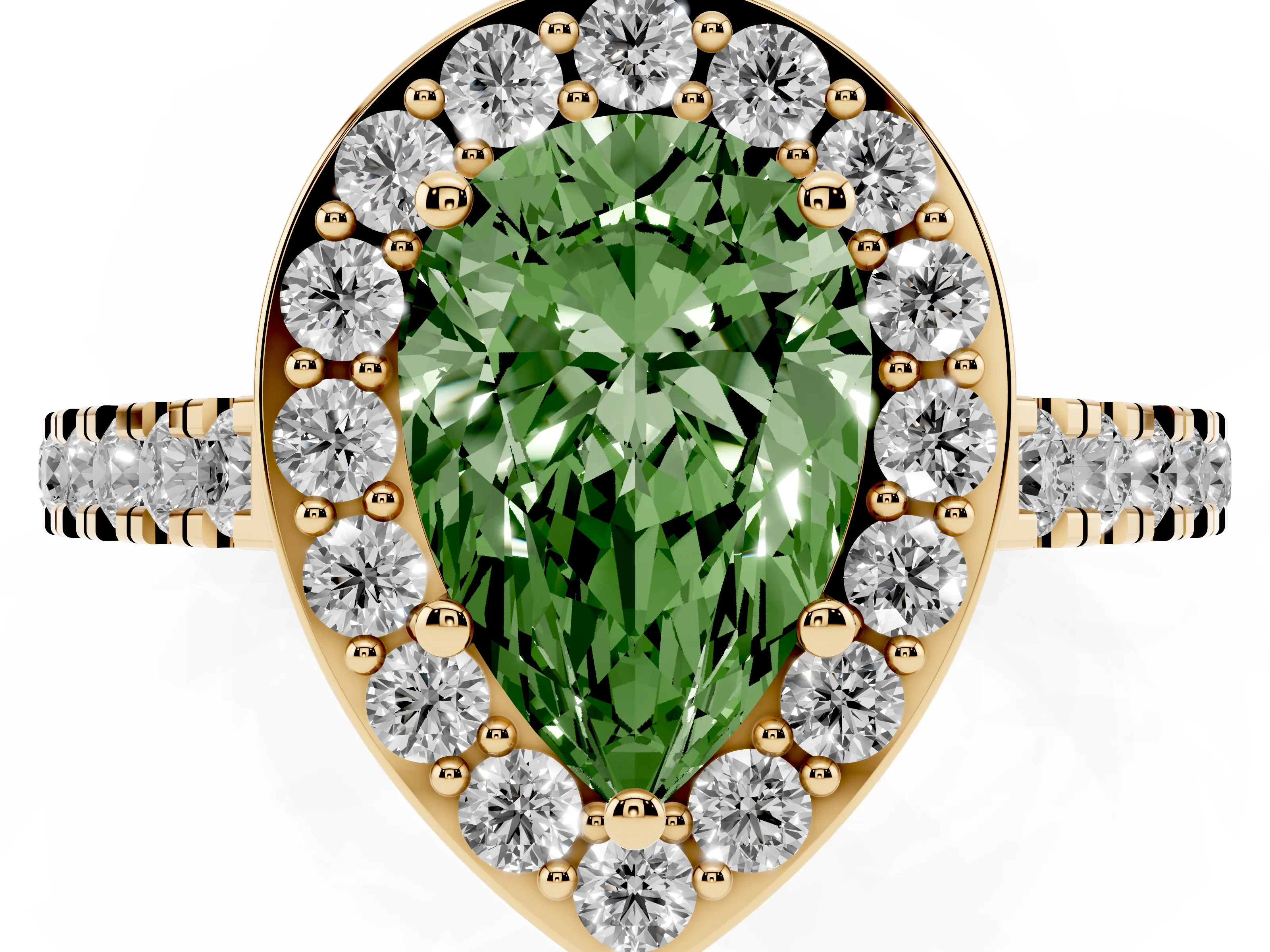 Fancy Green Pear Cut Diamond Halo Ring Set in Yellow gold with Round Pavé Split Shank and Prong Setting