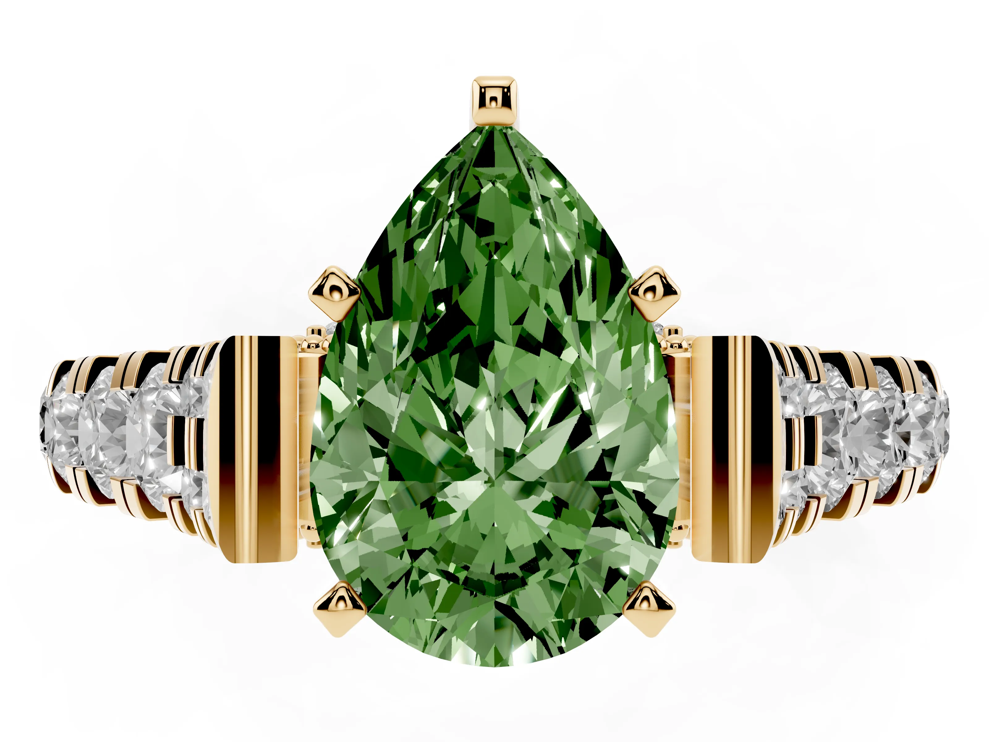 Fancy Green Pear Cut Diamond Classic Solitaire Ring Set in Yellow gold with Pavé Band and Prong Setting