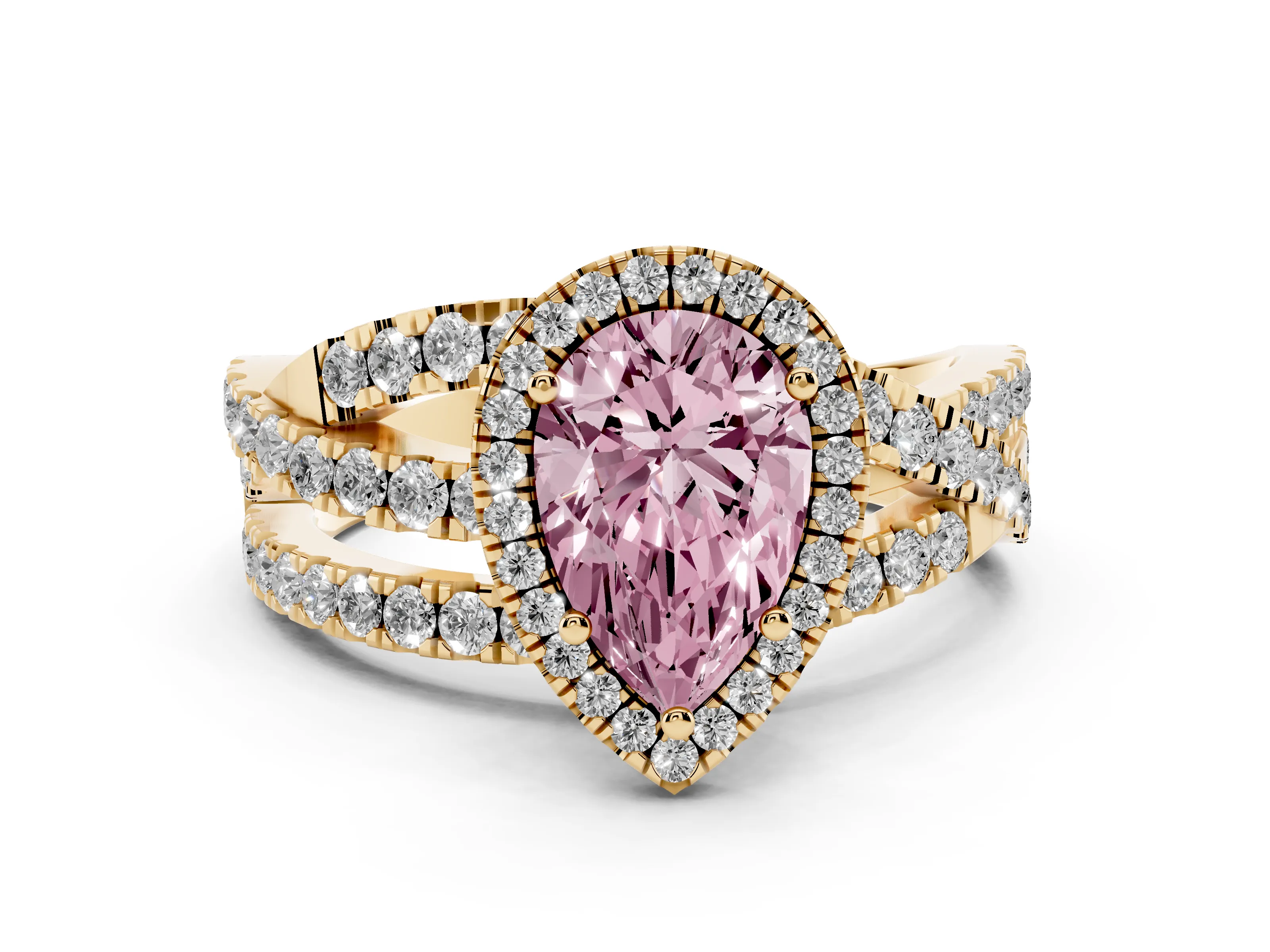 Fancy Pink Pear Cut Diamond Halo Ring Set in Yellow gold with Round Crossover Split Shank and Prong Setting