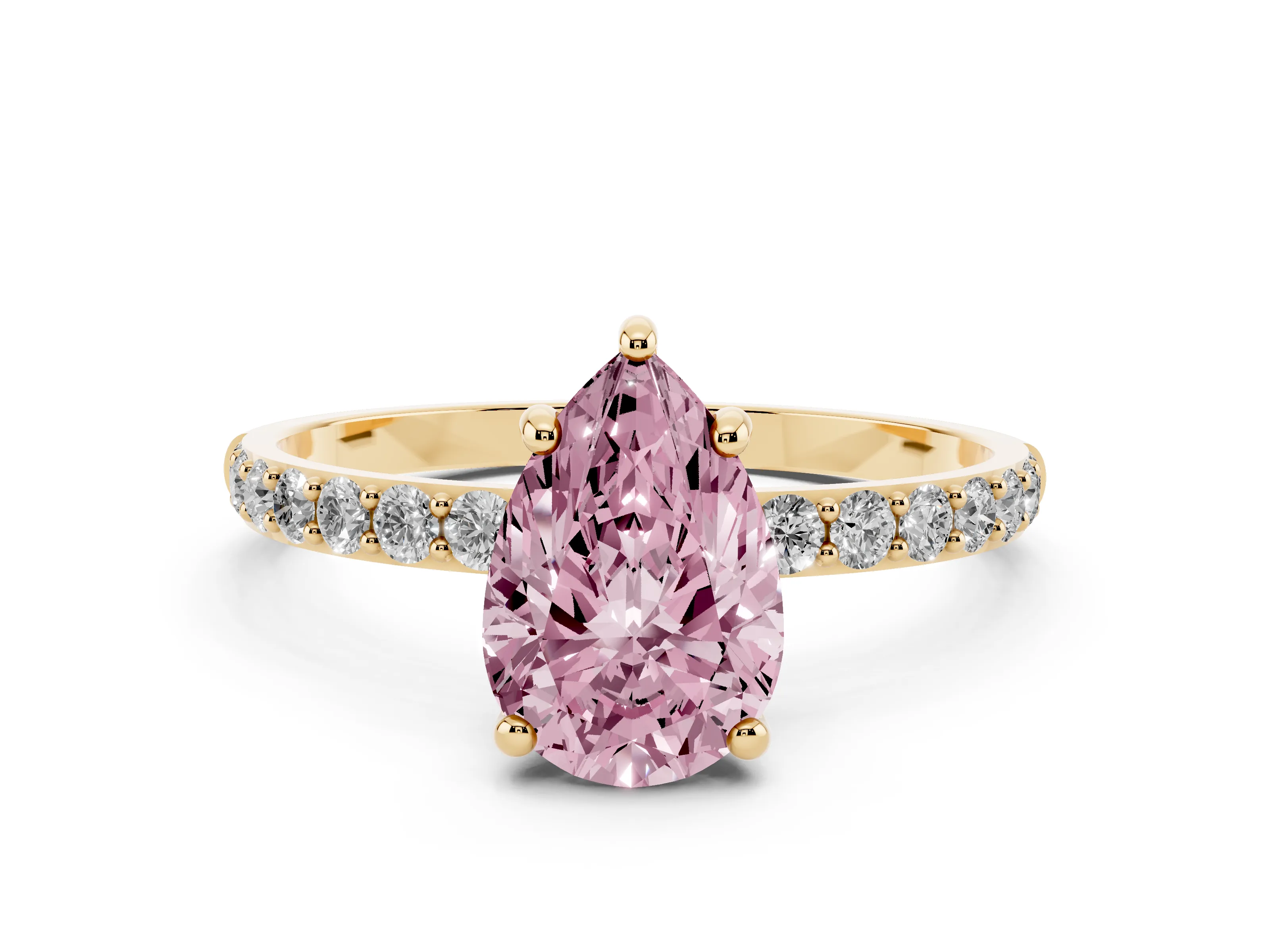Fancy Pink Pear Cut Diamond Solitaire Ring Set in Yellow gold with Round Pavé Band and Prong Setting