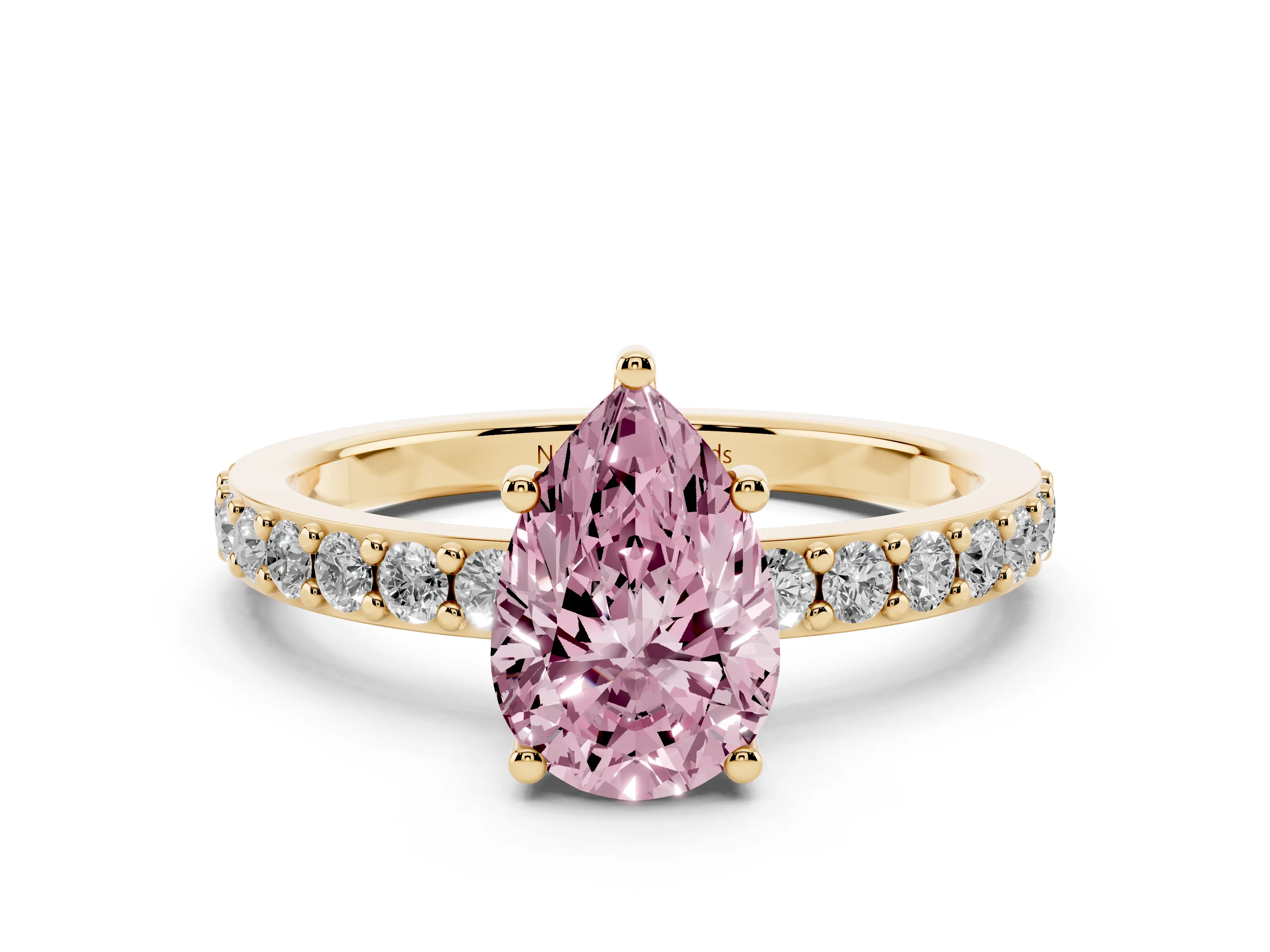 Fancy Pink Pear Cut Diamond Solitaire Set in Yellow gold with Round Pavé Band and Prong Setting