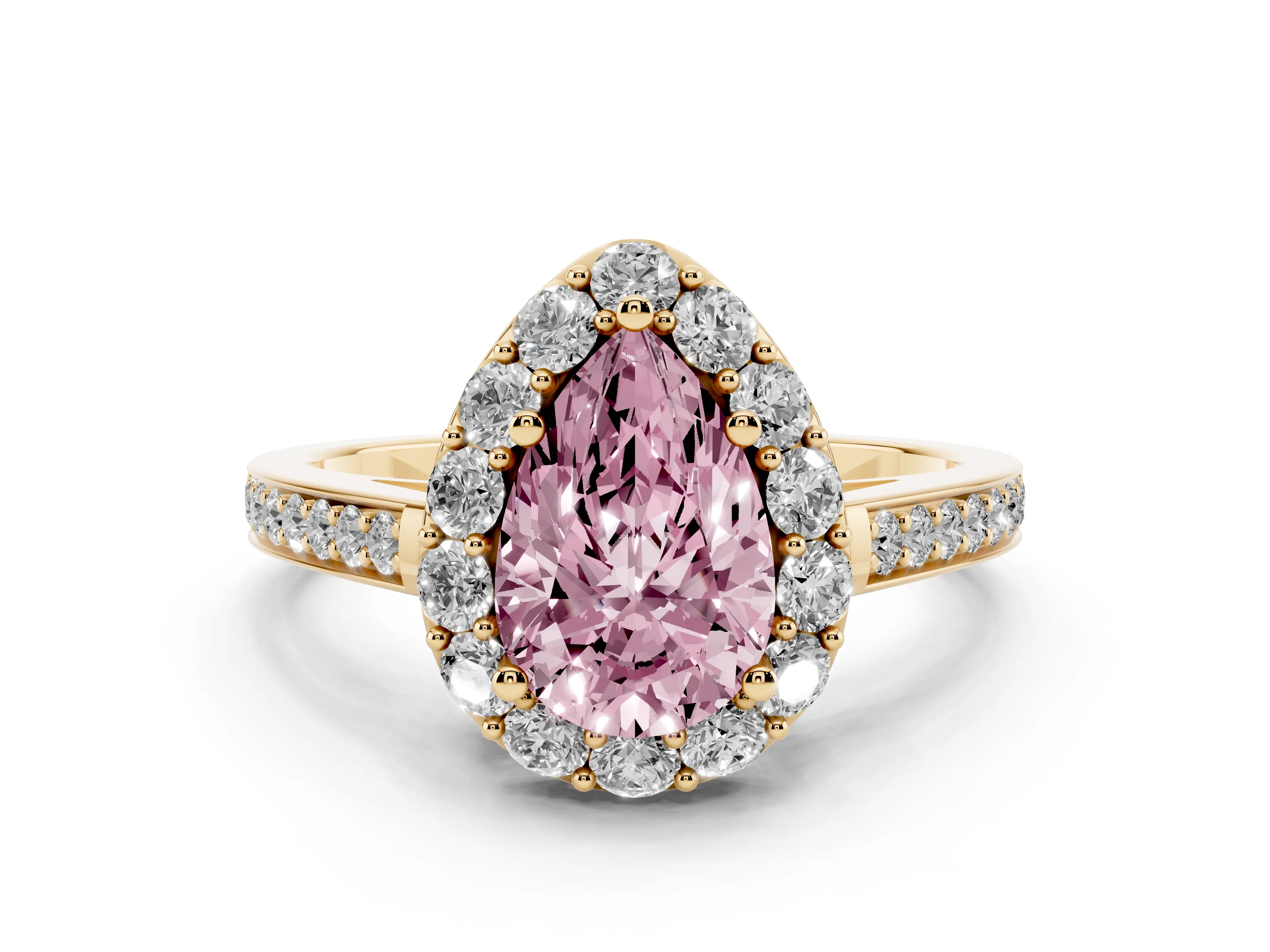 Fancy Pink Pear Cut Diamond Floral Halo Ring Set in Yellow gold with Pavé Band and Prong Setting