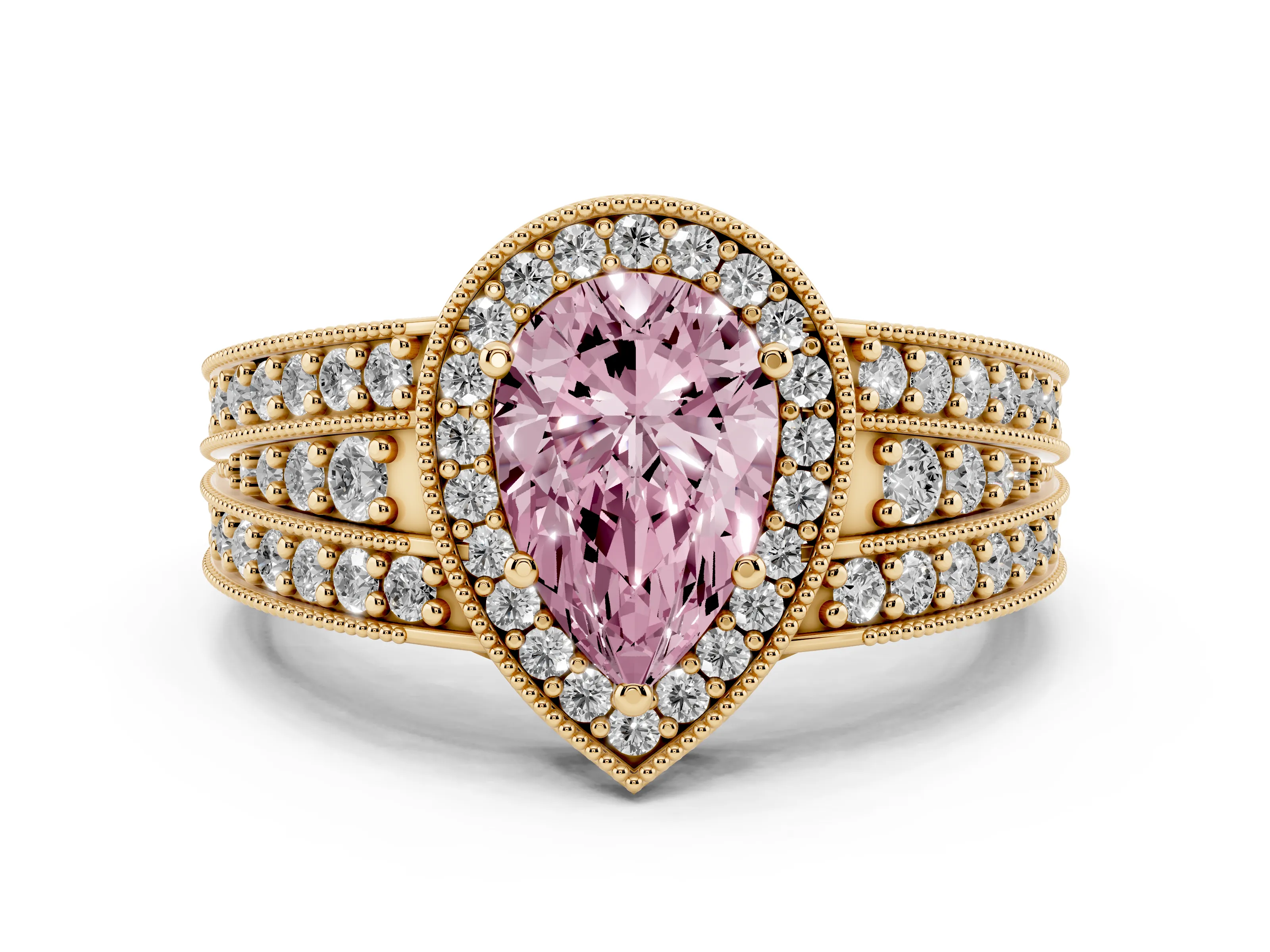 Fancy Pink Pear Cut Diamond Halo Ring Set in Yellow gold with Accent Split Shank and Prong Setting