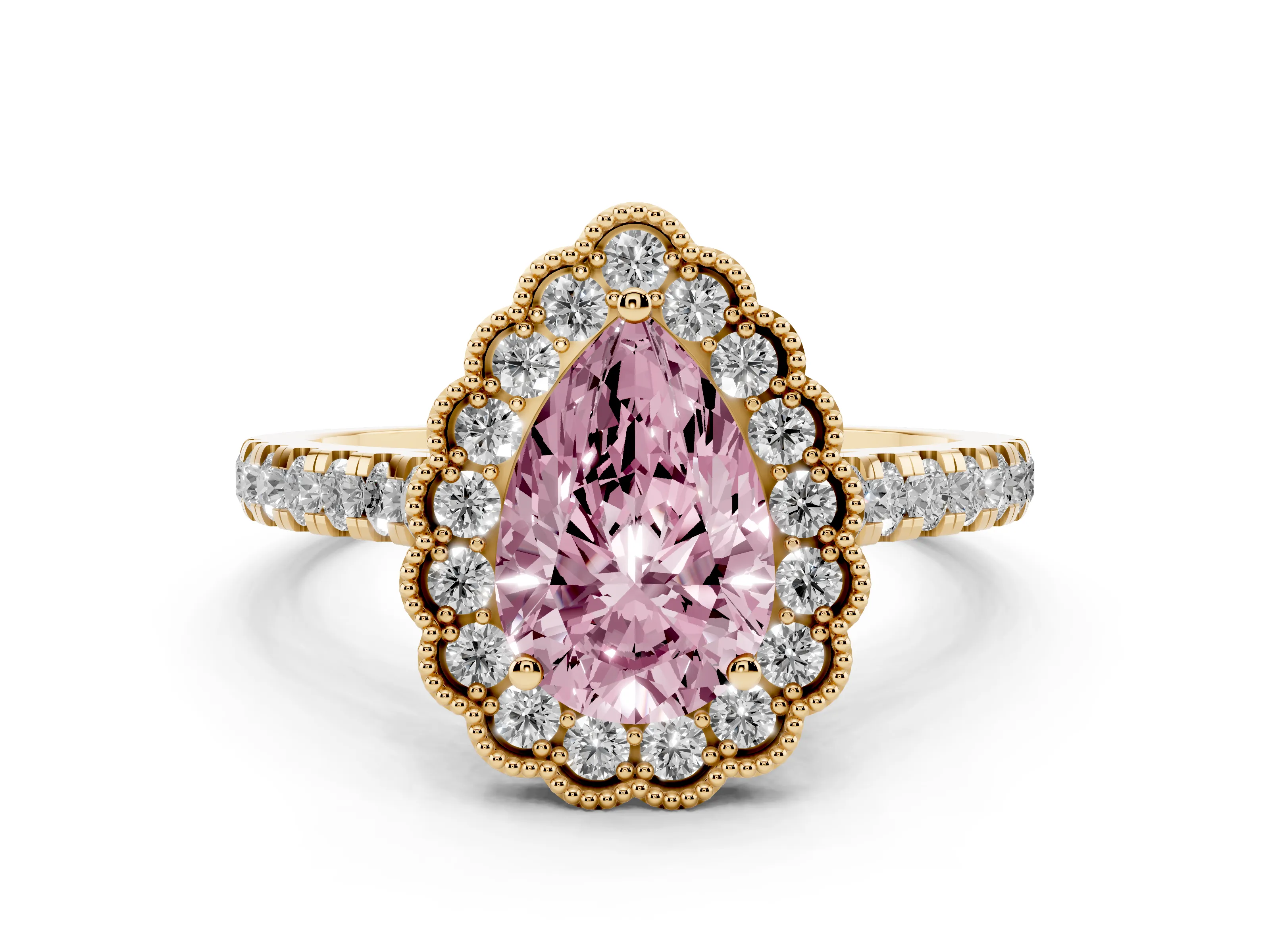 Fancy Pink Pear Cut Diamond Milgrain Floral Halo Engagement Ring Set in Yellow gold with Pavé Band
