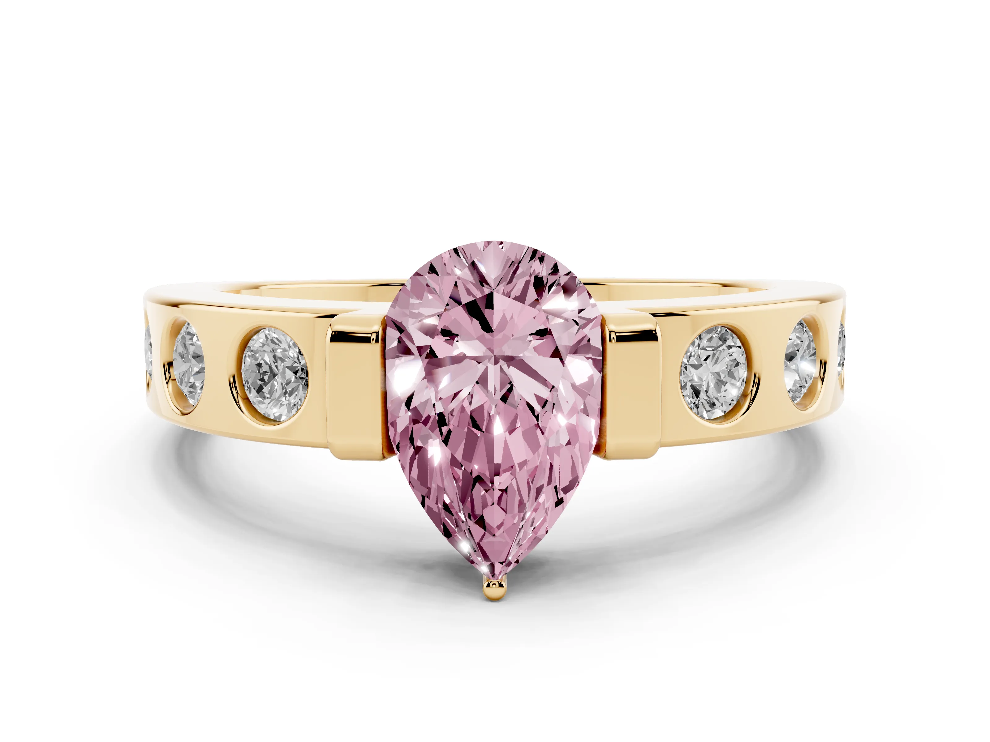 Fancy Pink Pear Cut Diamond Channel-Set Band Ring Set in Yellow gold with Bezel Prong Setting