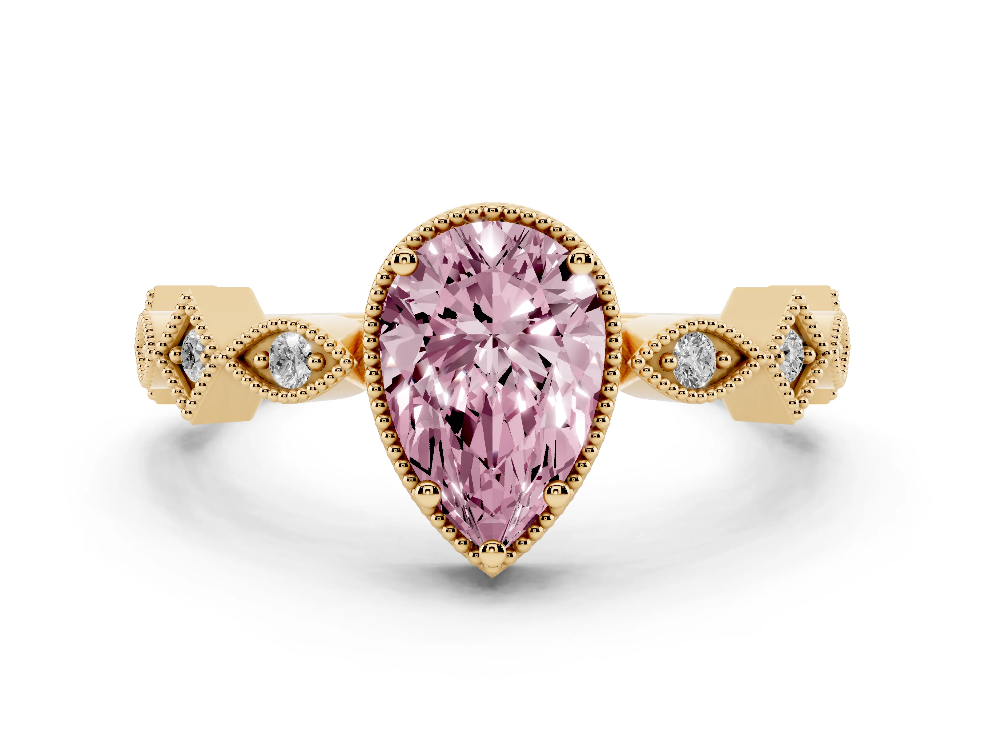 Fancy Pink Pear Cut Diamond Milgrain Marquise Twist Band Ring Set in Yellow gold with Prong Setting