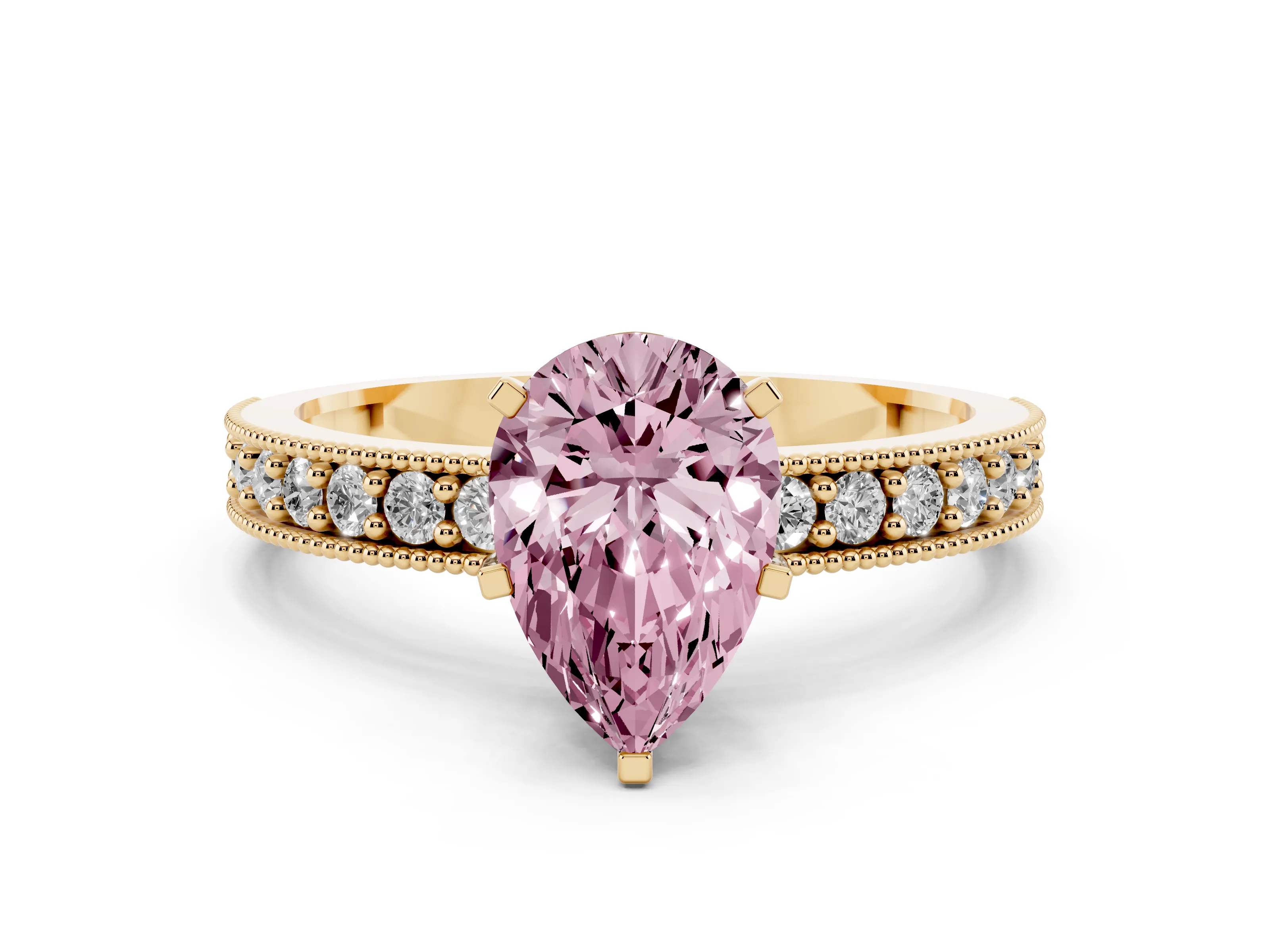 Fancy Pink Pear Cut Diamond Milgrain Pavé Engagement Ring Set in Yellow gold with Prong Setting