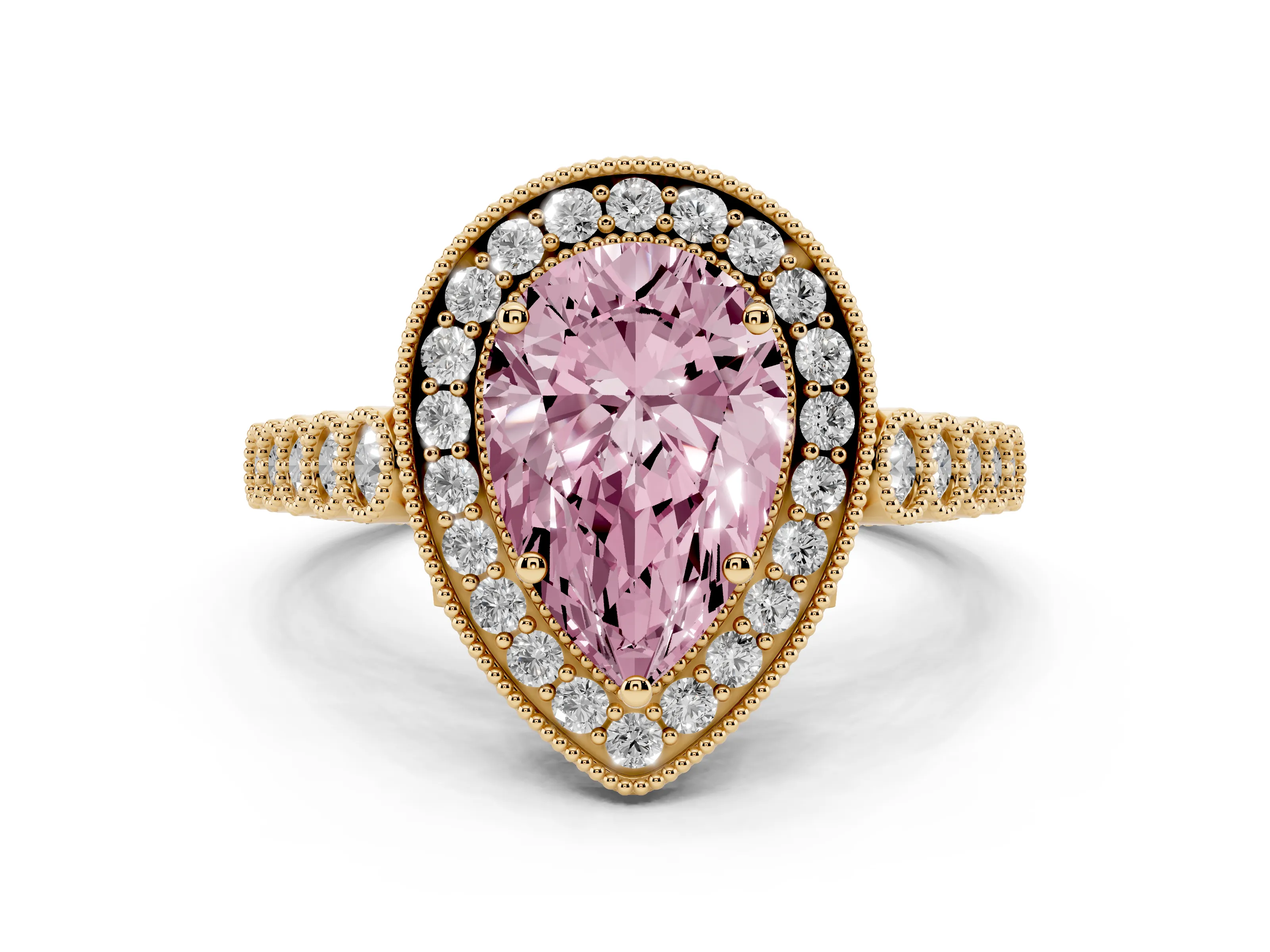 Fancy Pink Pear Cut Diamond Milgrain Halo Solitaire Ring Set in Yellow gold with Bezel Set Side Stones and Pavé Band