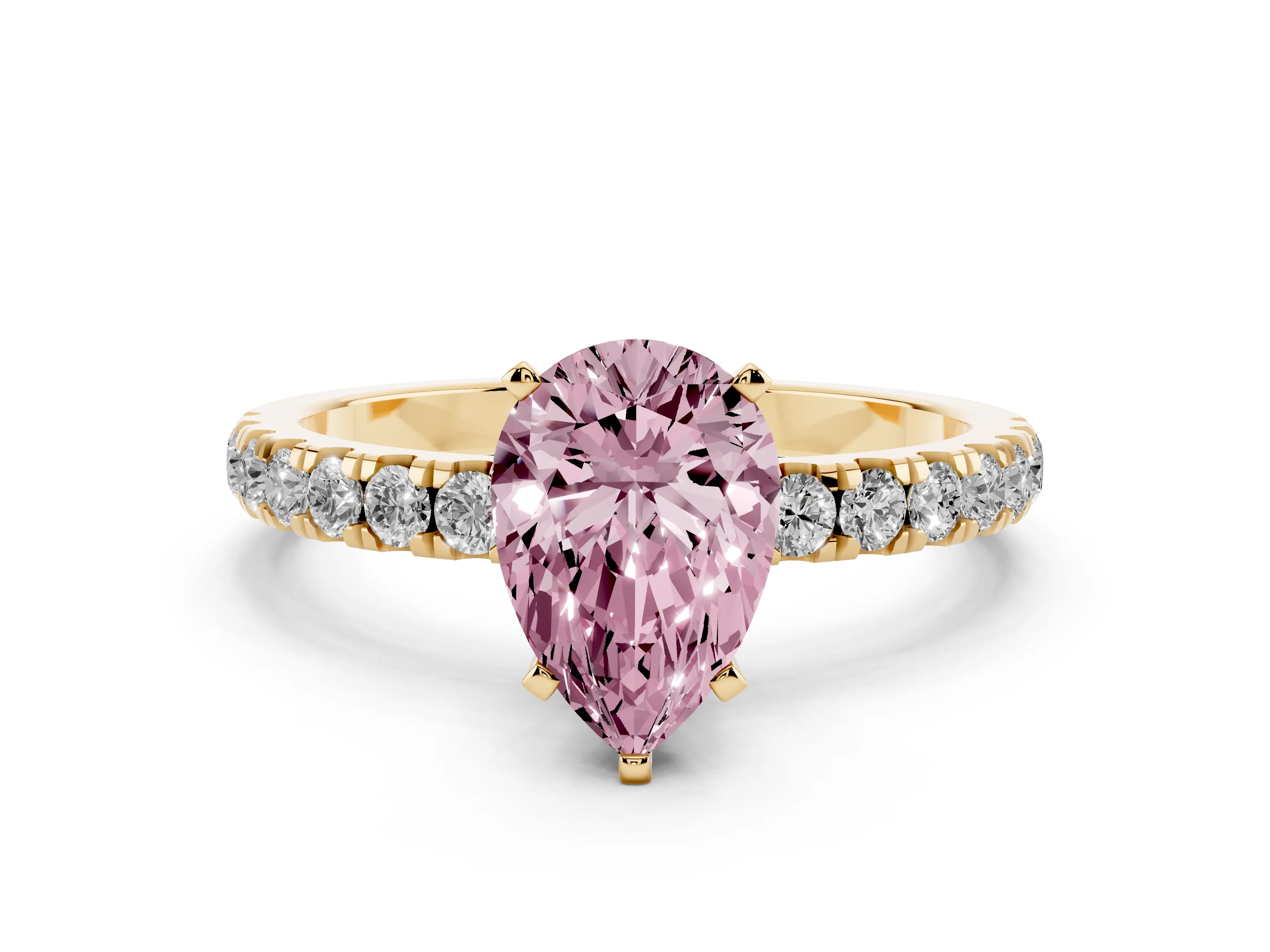 Fancy Pink Pear Cut Diamond Solitaire Ring Set in Yellow gold with Pavé Accents and Prong Setting