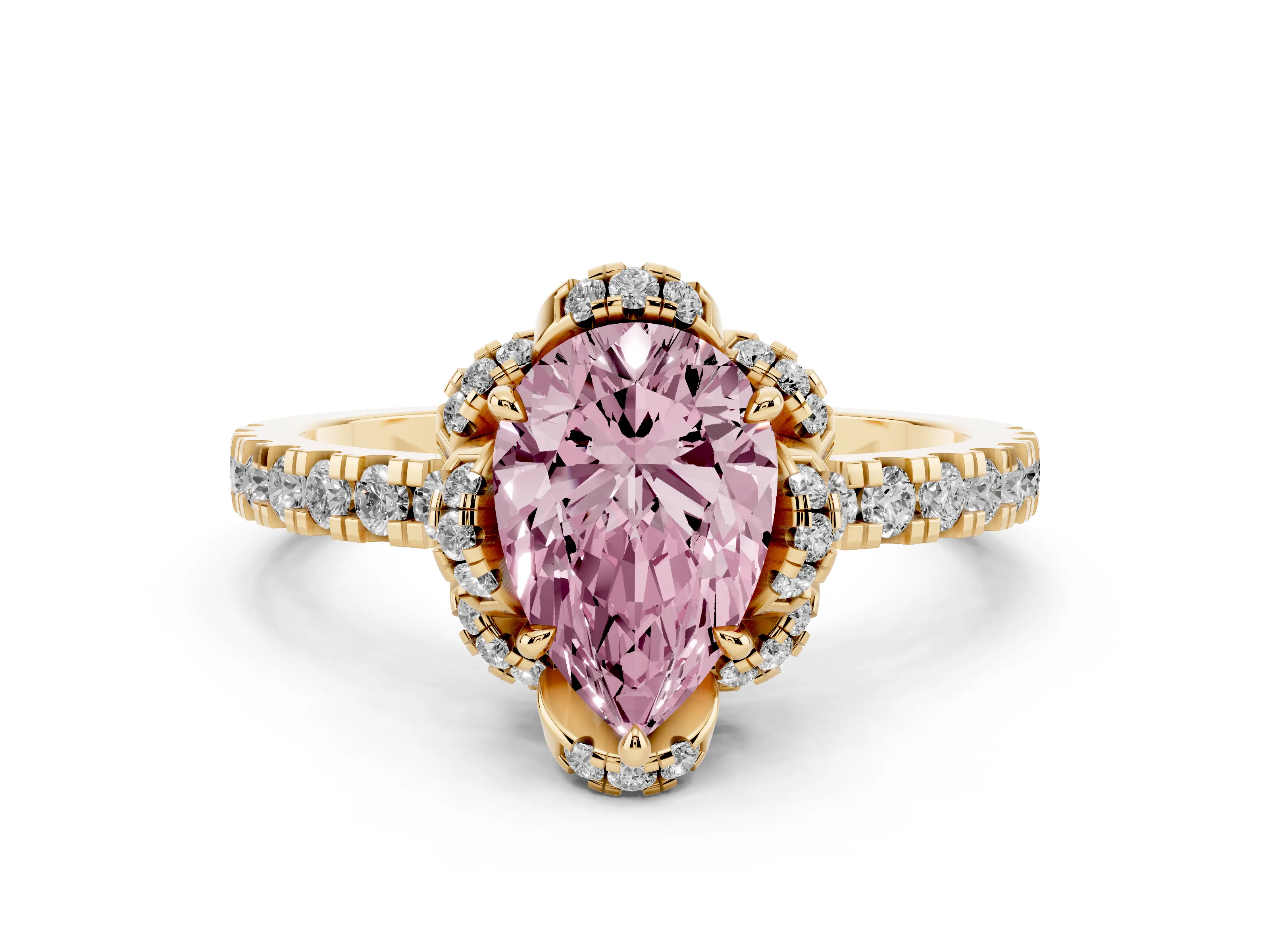 Fancy Pink Pear Cut Diamond Halo Pavé Band Ring Set in Yellow gold with Prong-Held Center