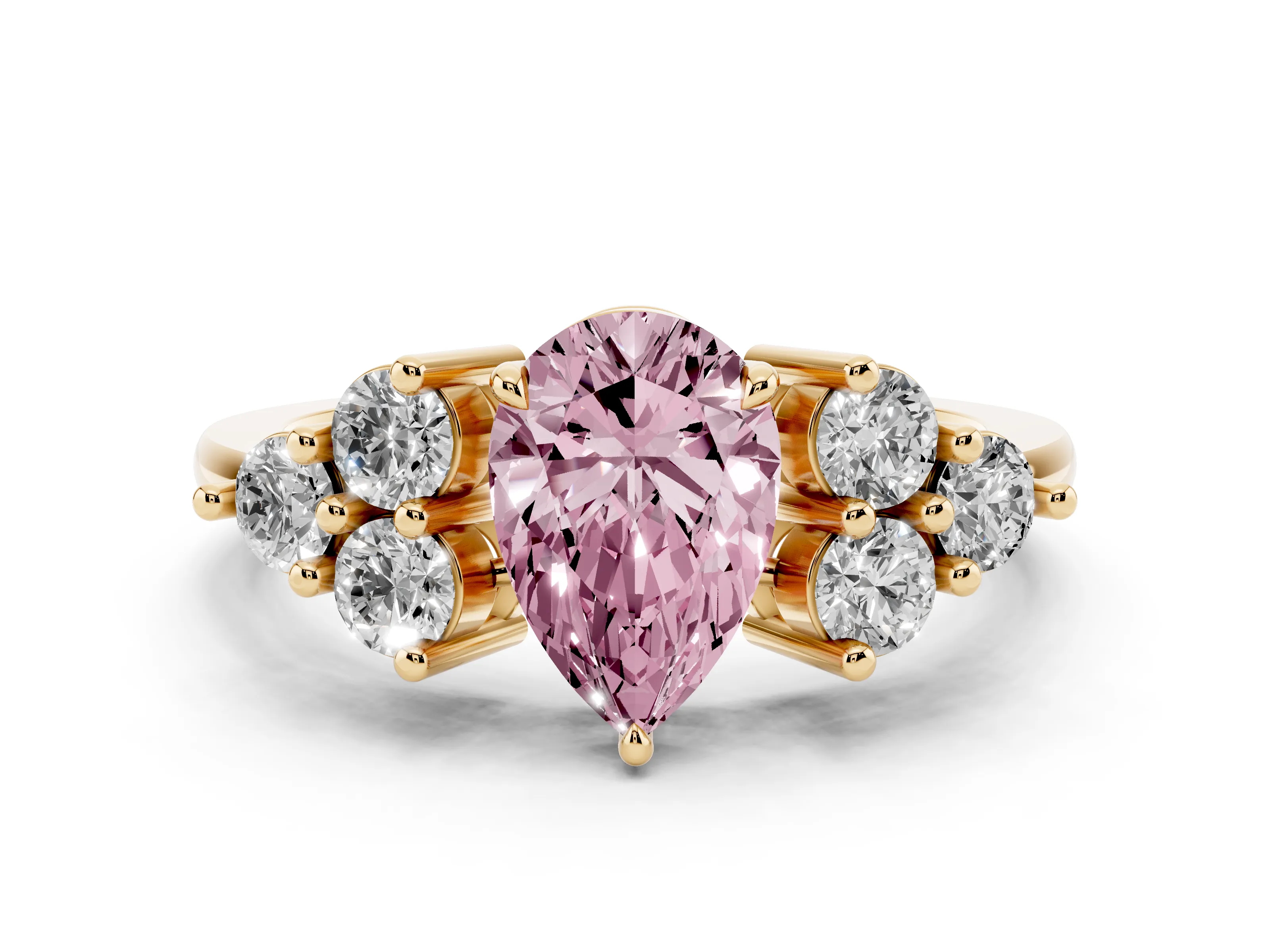 Fancy Pink Pear Cut Diamond Solitaire Ring Set in Yellow gold with Cluster Accents on Each Side