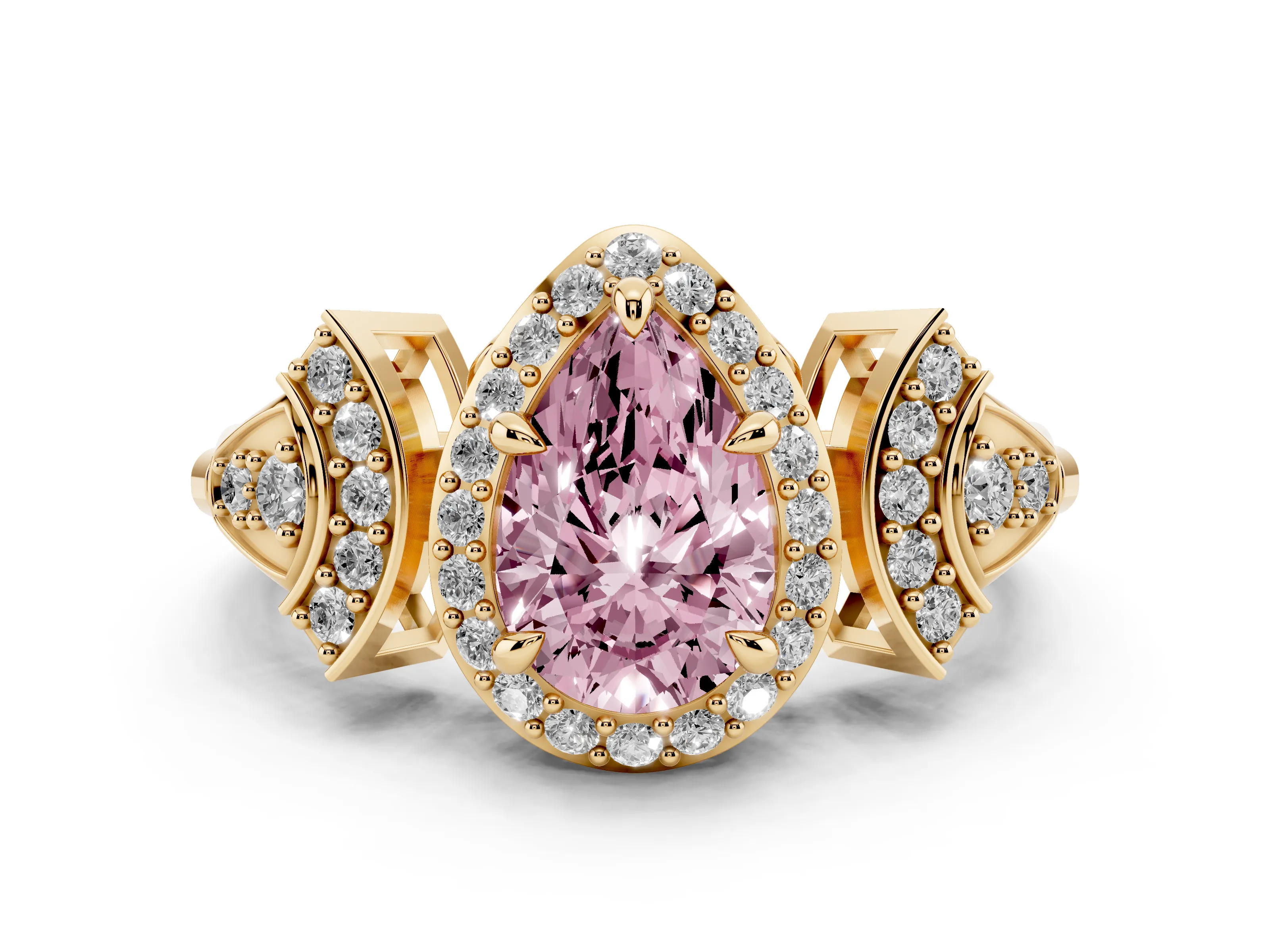 Fancy Pink Pear Cut Diamond Halo Engagement Ring Set in Yellow gold with Accent Stone Split Shank