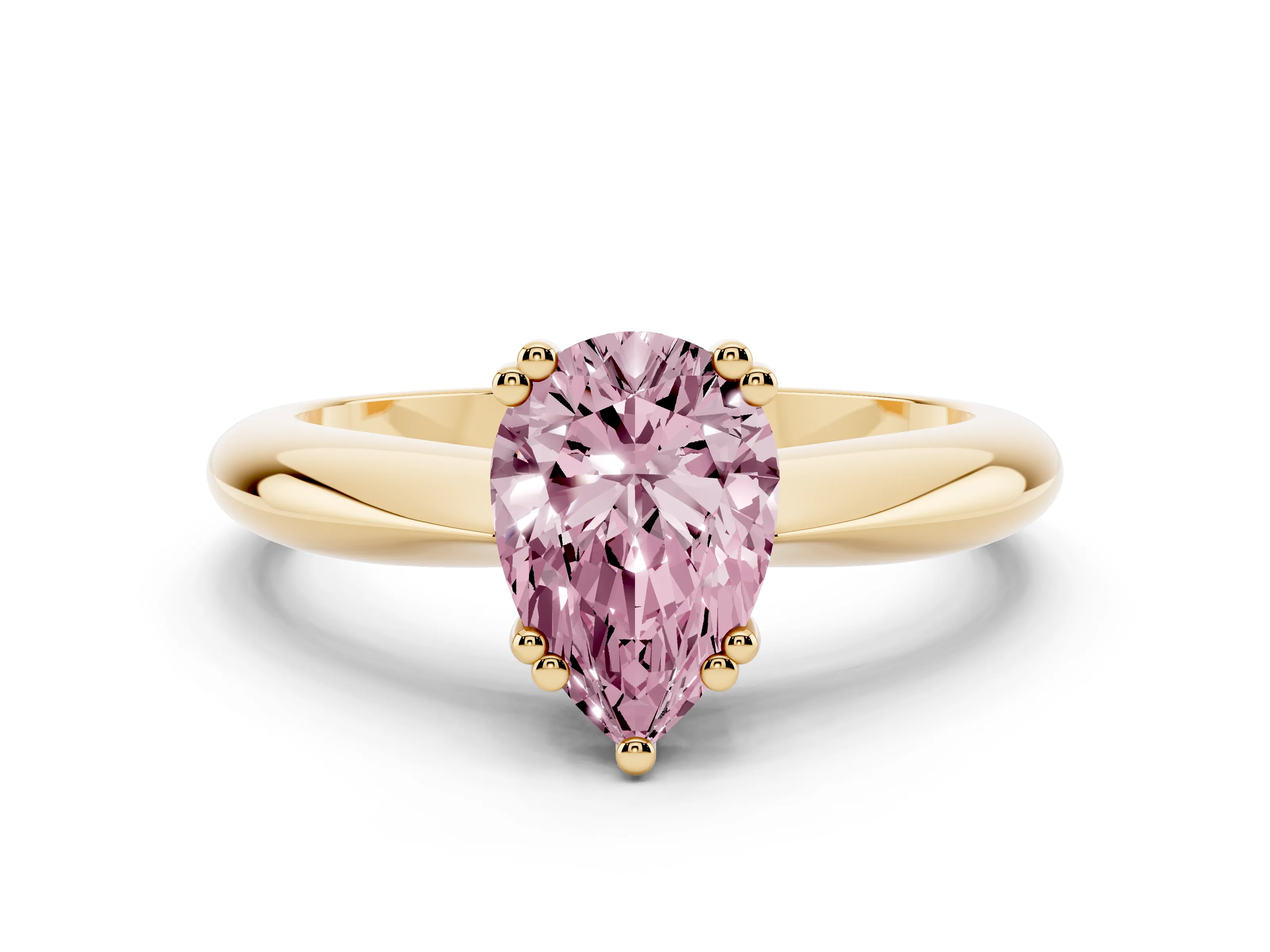 Fancy Pink Pear Cut Diamond Solitaire Engagement Ring Set in Yellow gold with Tapered Band and Prong Setting