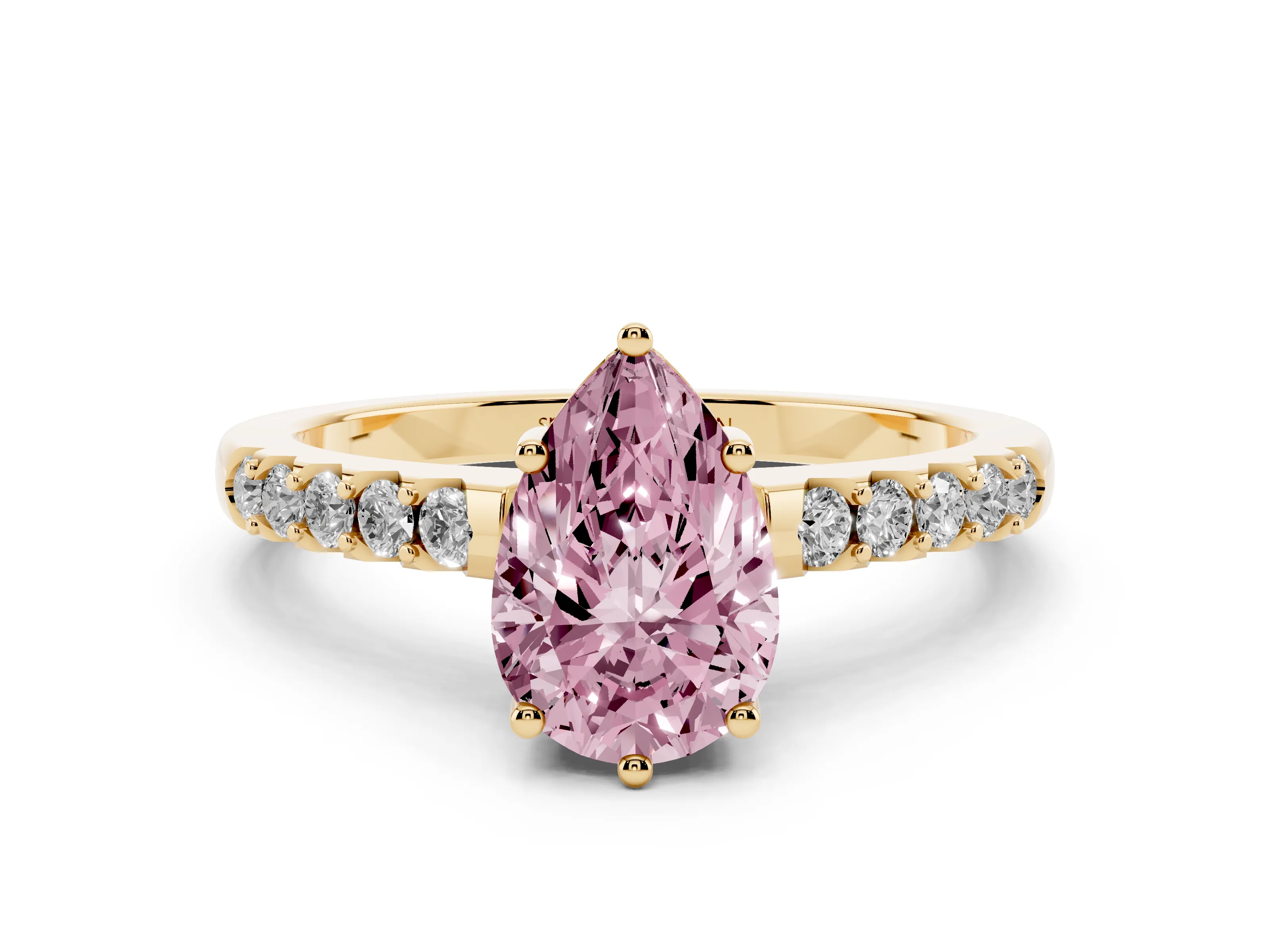Fancy Pink Pear Cut Diamond Solitaire Engagement Ring Set in Yellow gold with Pavé Band and Prong Setting