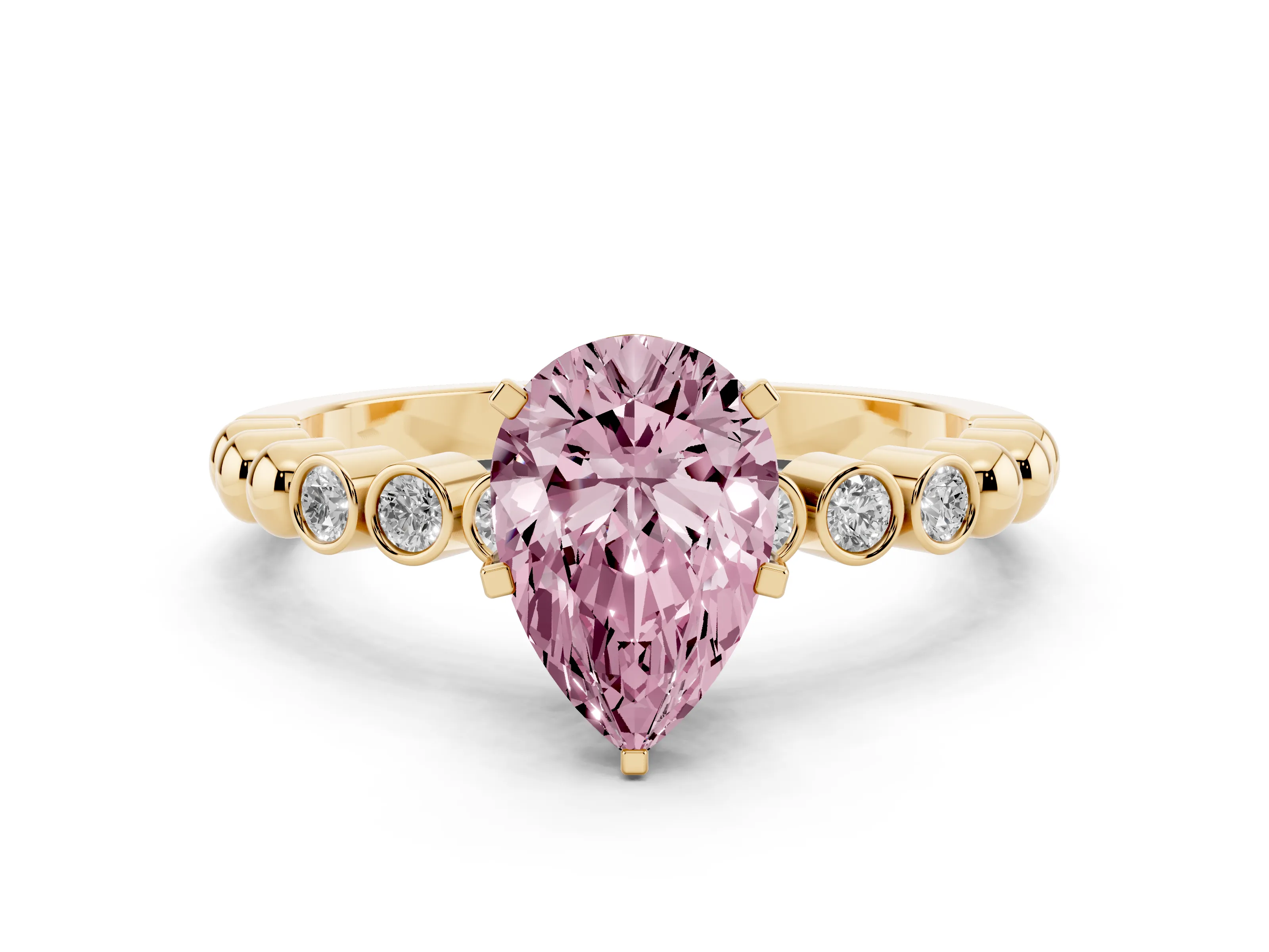 Fancy Pink Pear Cut Diamond Solitaire Engagement Ring Set in Yellow gold with Bezel Accents on Beaded Band