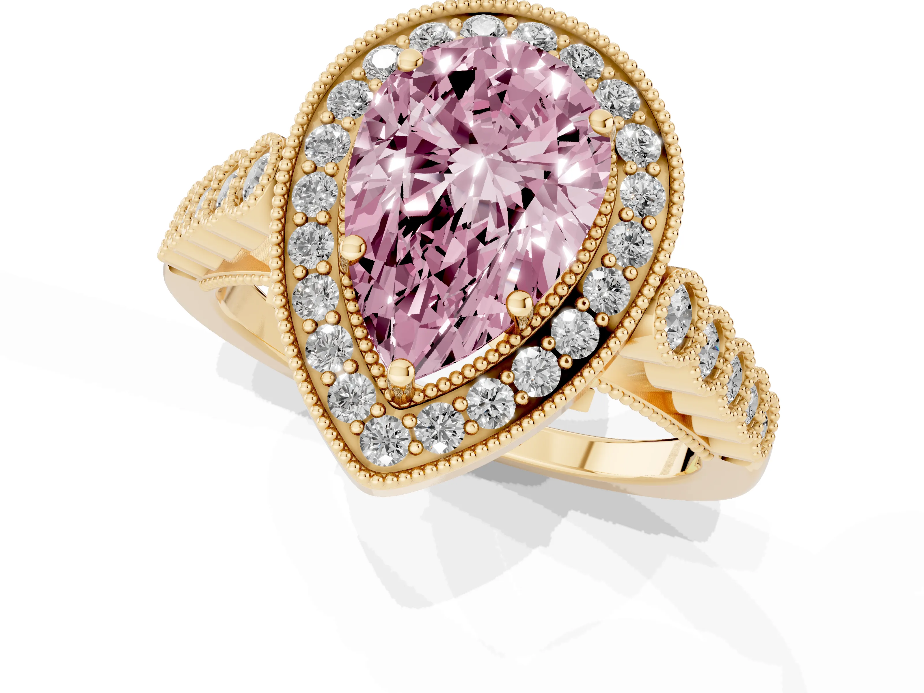 Fancy Pink Pear Cut Diamond Milgrain Halo Solitaire Ring Set in Yellow gold with Bezel Set Side Stones and Pavé Band