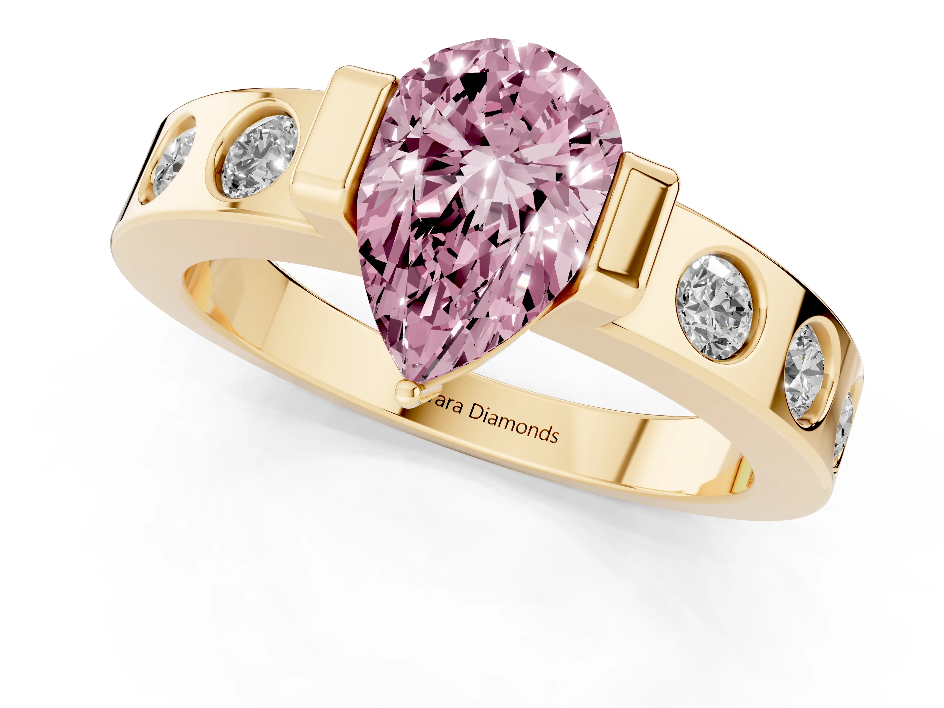 Fancy Pink Pear Cut Diamond Channel-Set Band Ring Set in Yellow gold with Bezel Prong Setting