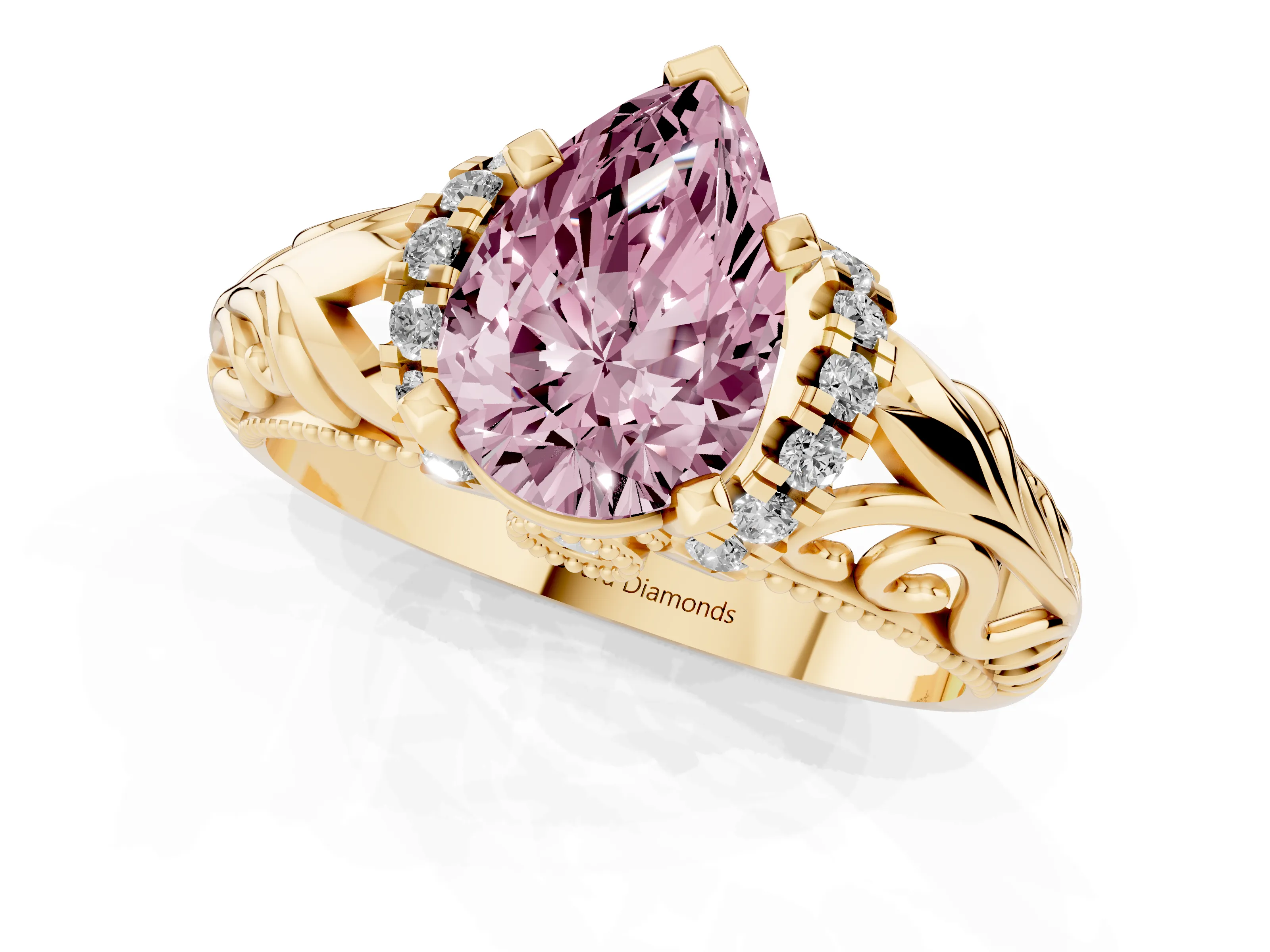 Fancy Pink Pear Cut Diamond Filigree Halo Engagement Ring Set in Yellow gold with Prong Setting