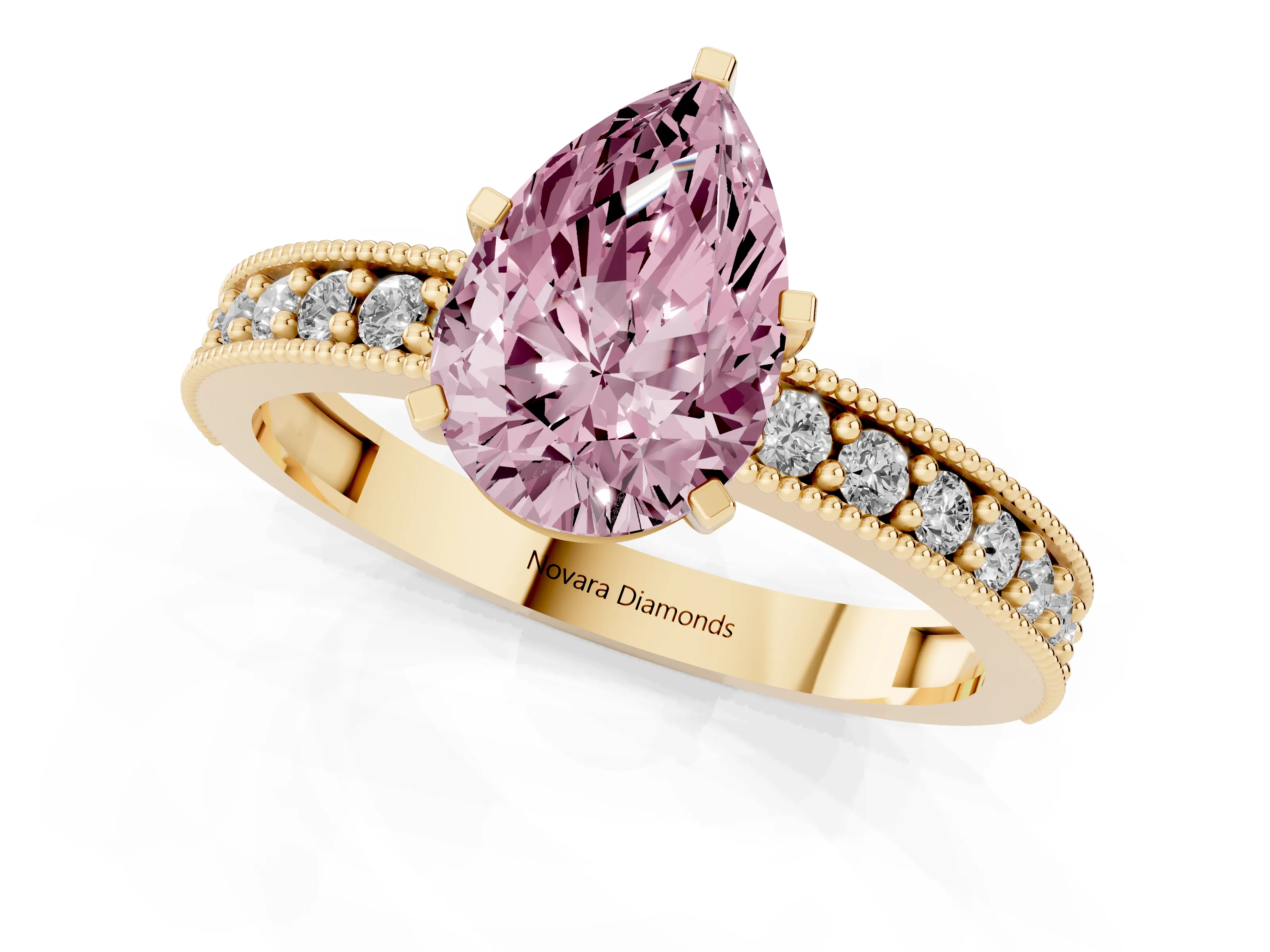 Fancy Pink Pear Cut Diamond Milgrain Pavé Engagement Ring Set in Yellow gold with Prong Setting