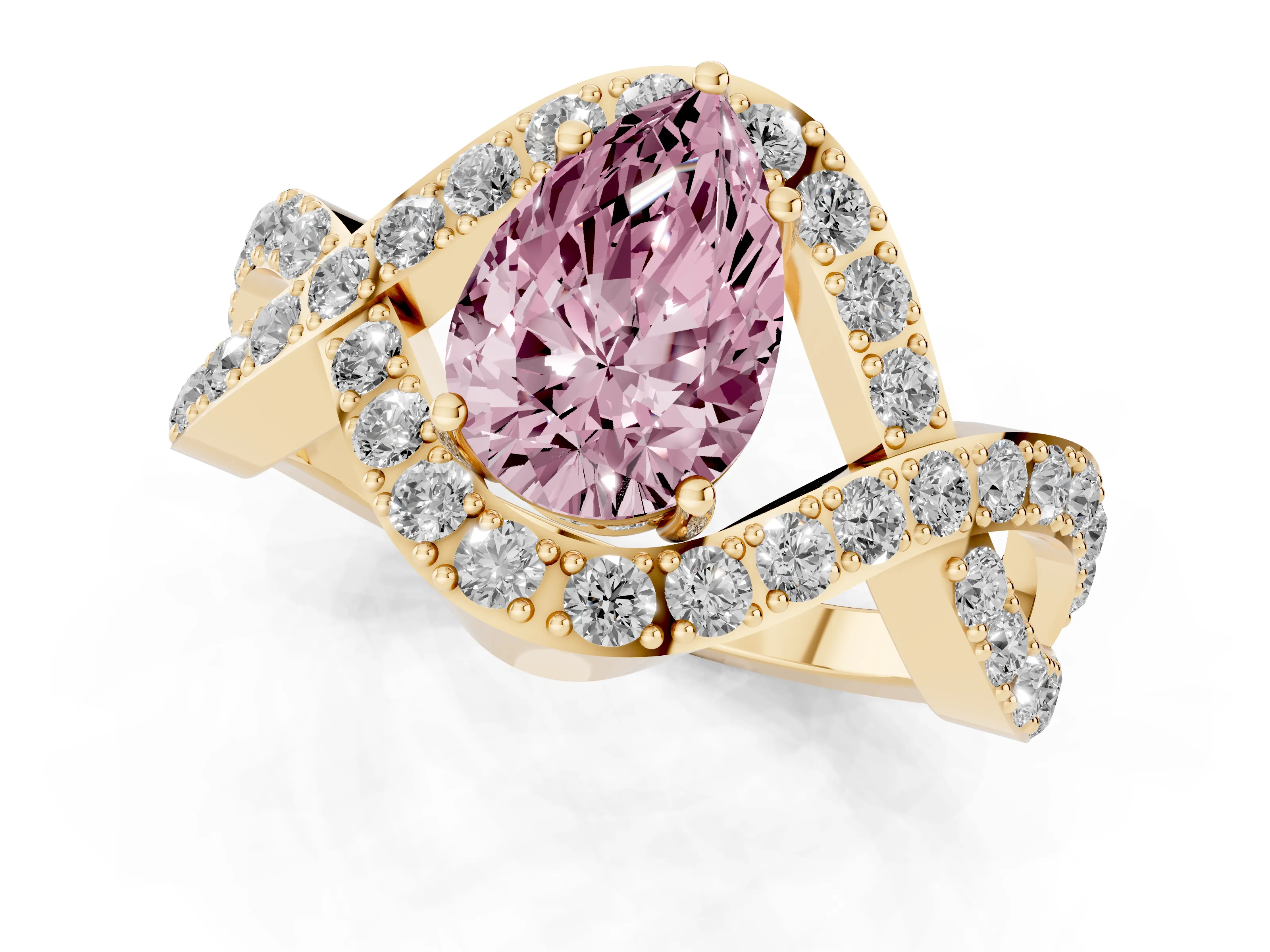Fancy Pink Pear Cut Diamond Solitaire Twist Band Pavé Engagement Ring Set in Yellow gold