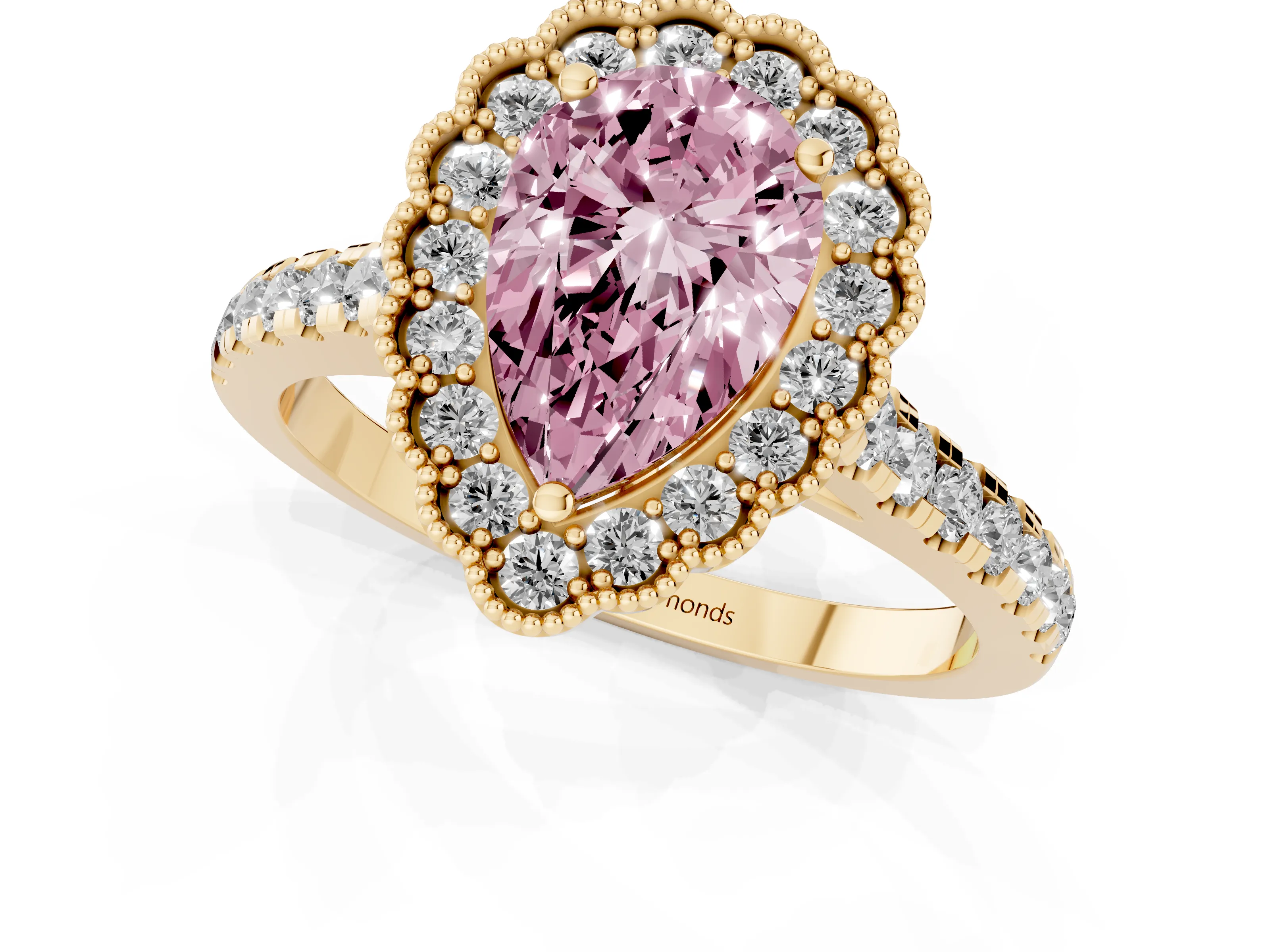 Fancy Pink Pear Cut Diamond Milgrain Floral Halo Engagement Ring Set in Yellow gold with Pavé Band