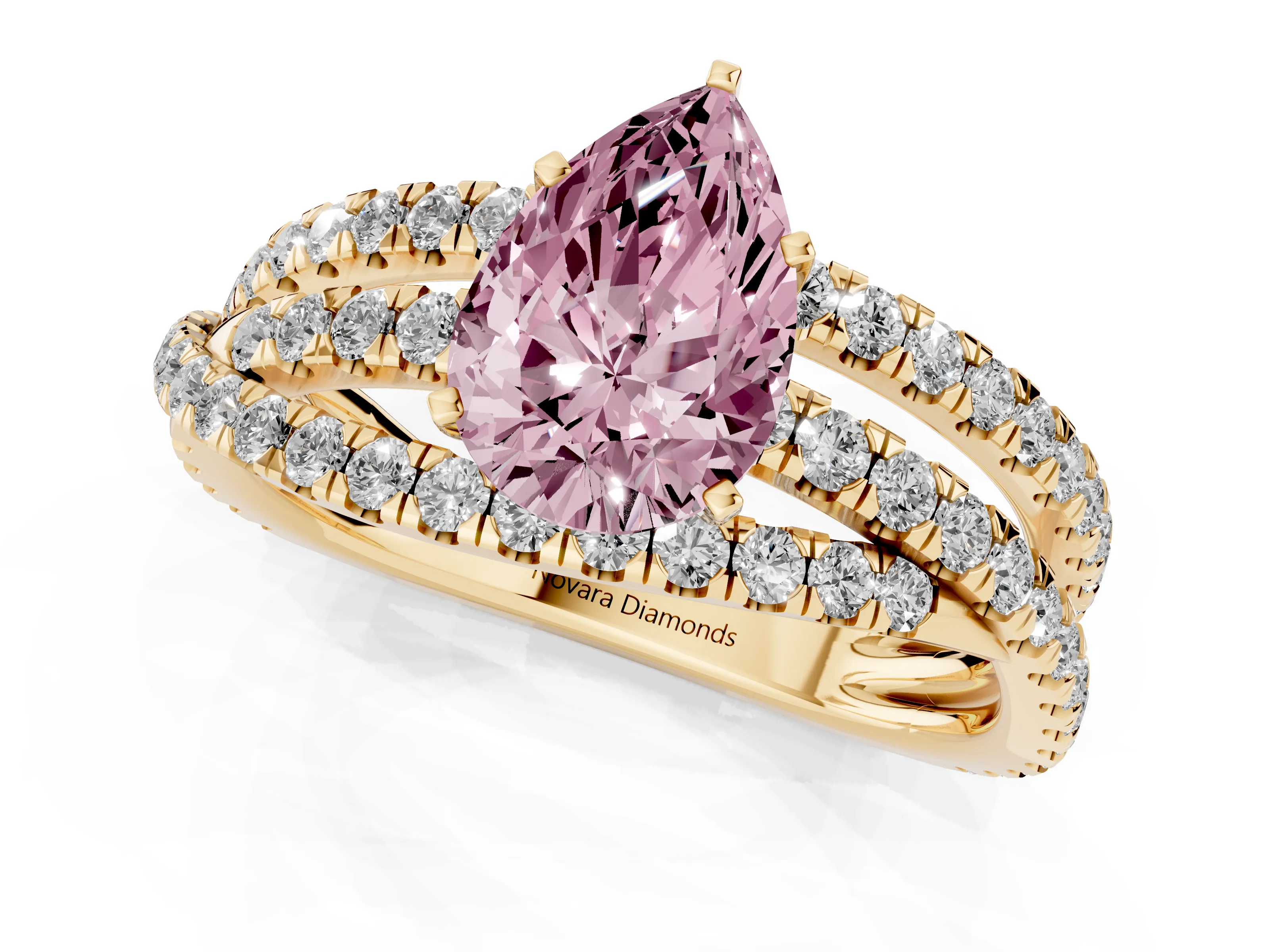 Fancy Pink Pear Cut Diamond Solitaire Twist Band Ring Set in Yellow gold with Pavé Setting and Prong Head