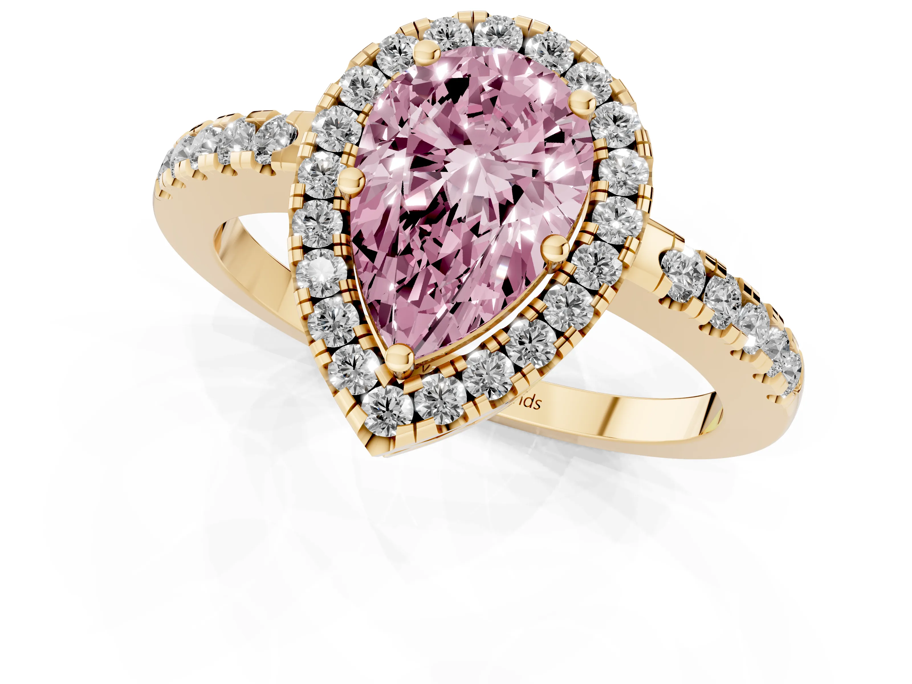 Fancy Pink Pear Cut Diamond Pavé Band Halo Engagement Ring Set in Yellow gold with Prong Setting
