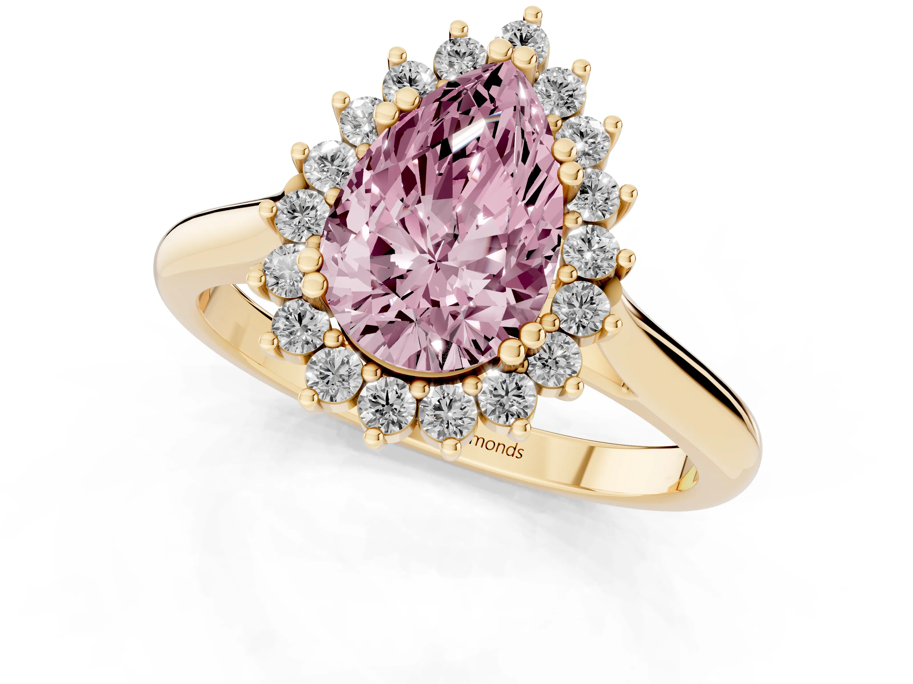 Fancy Pink Pear Cut Diamond Halo Ring Set in Yellow gold with Plain Solitaire Band and Prong Setting