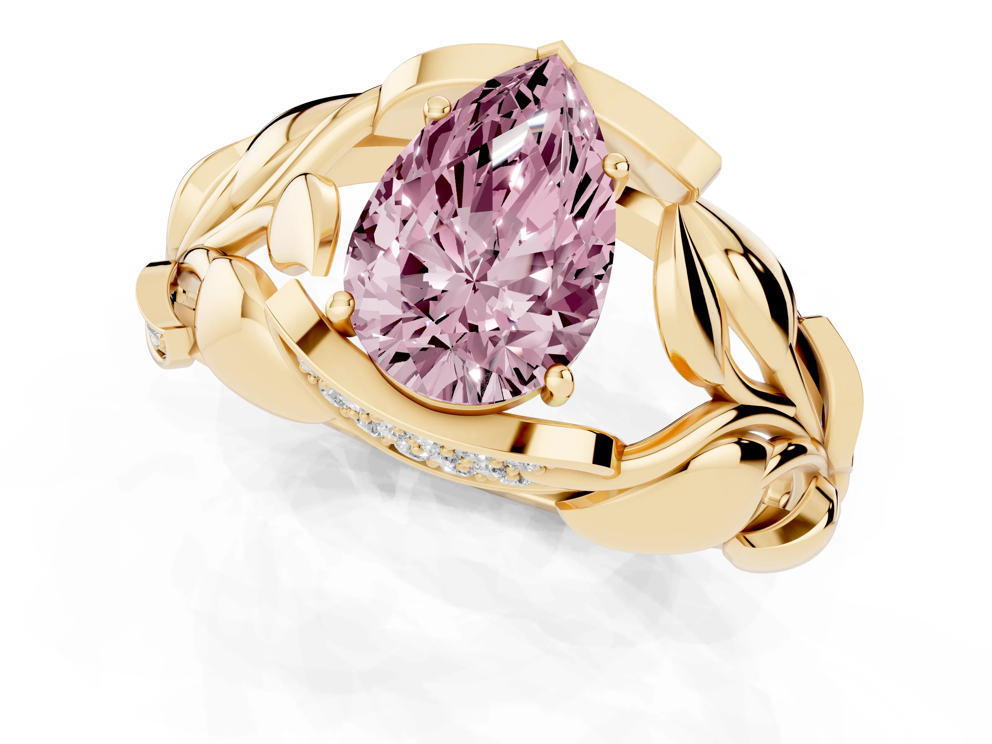 Fancy Pink Pear Cut Diamond Leaf-Inspired Engagement Ring Set in Yellow gold with Round Accents