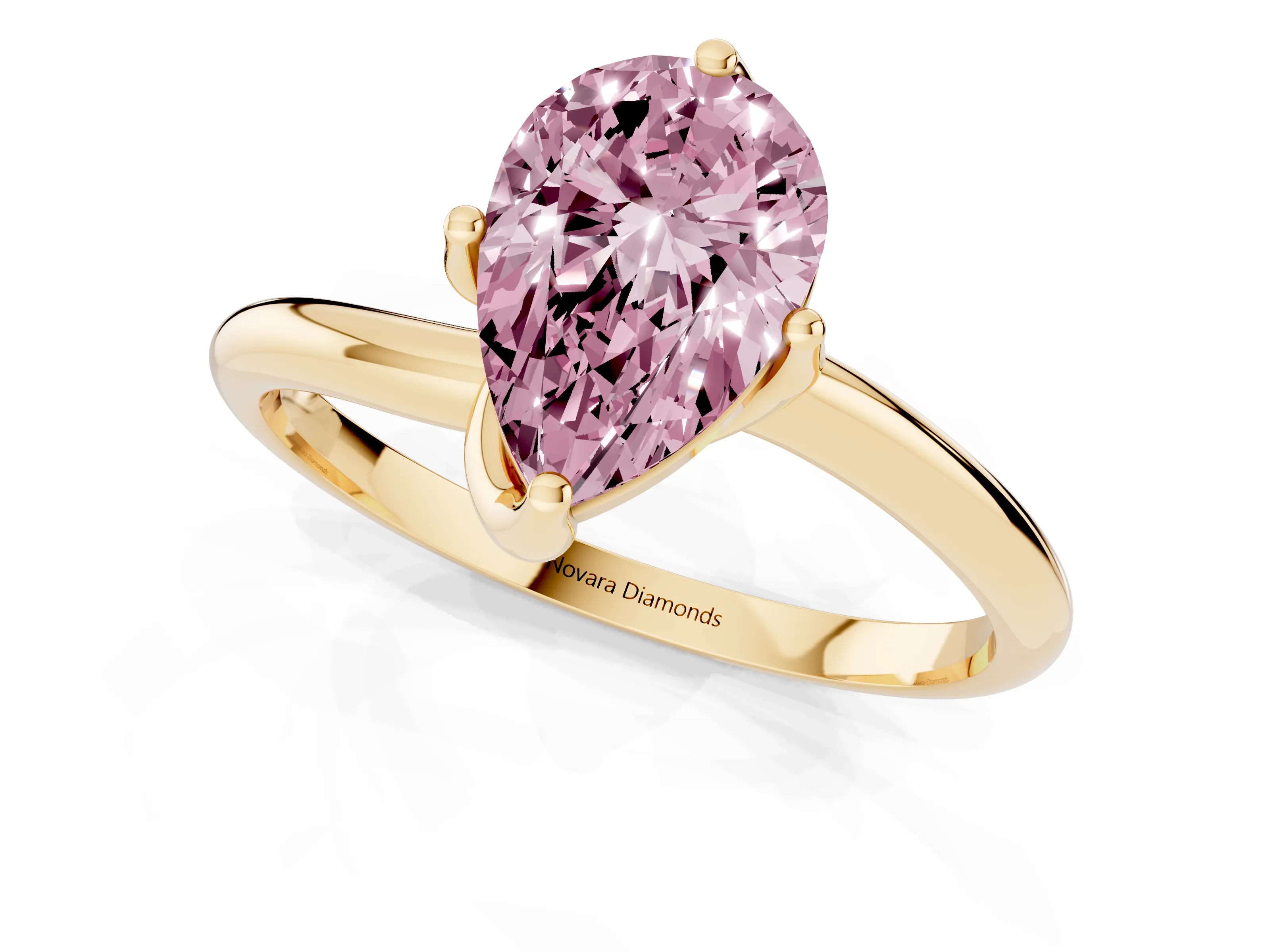 Fancy Pink Pear Cut Diamond Solitaire Engagement Ring Set in Yellow gold with Classic Plain Band