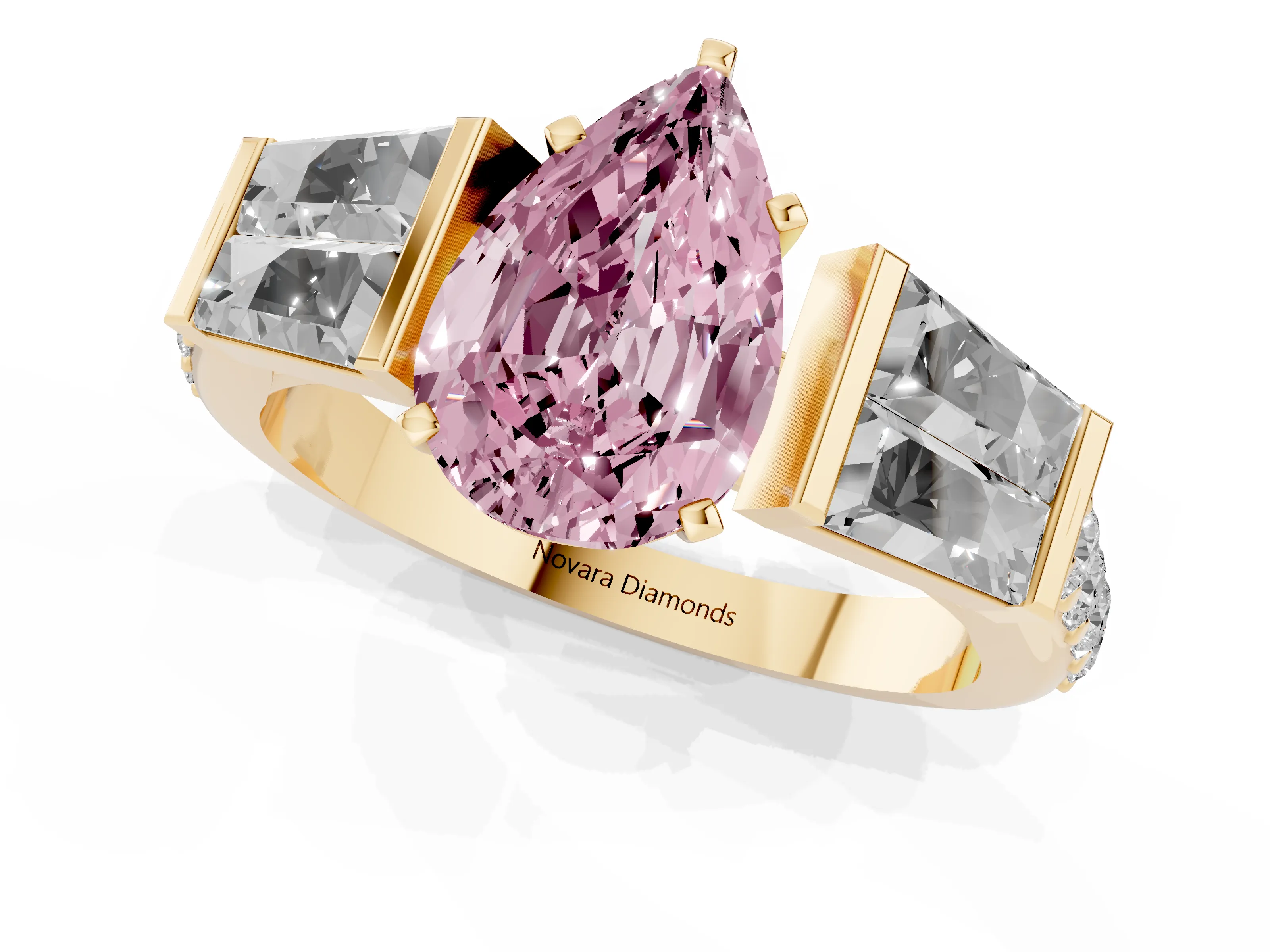 Fancy Pink Pear Cut Diamond Engagement Ring Set in Yellow gold with Baguette Side Stones and Channel Set Band