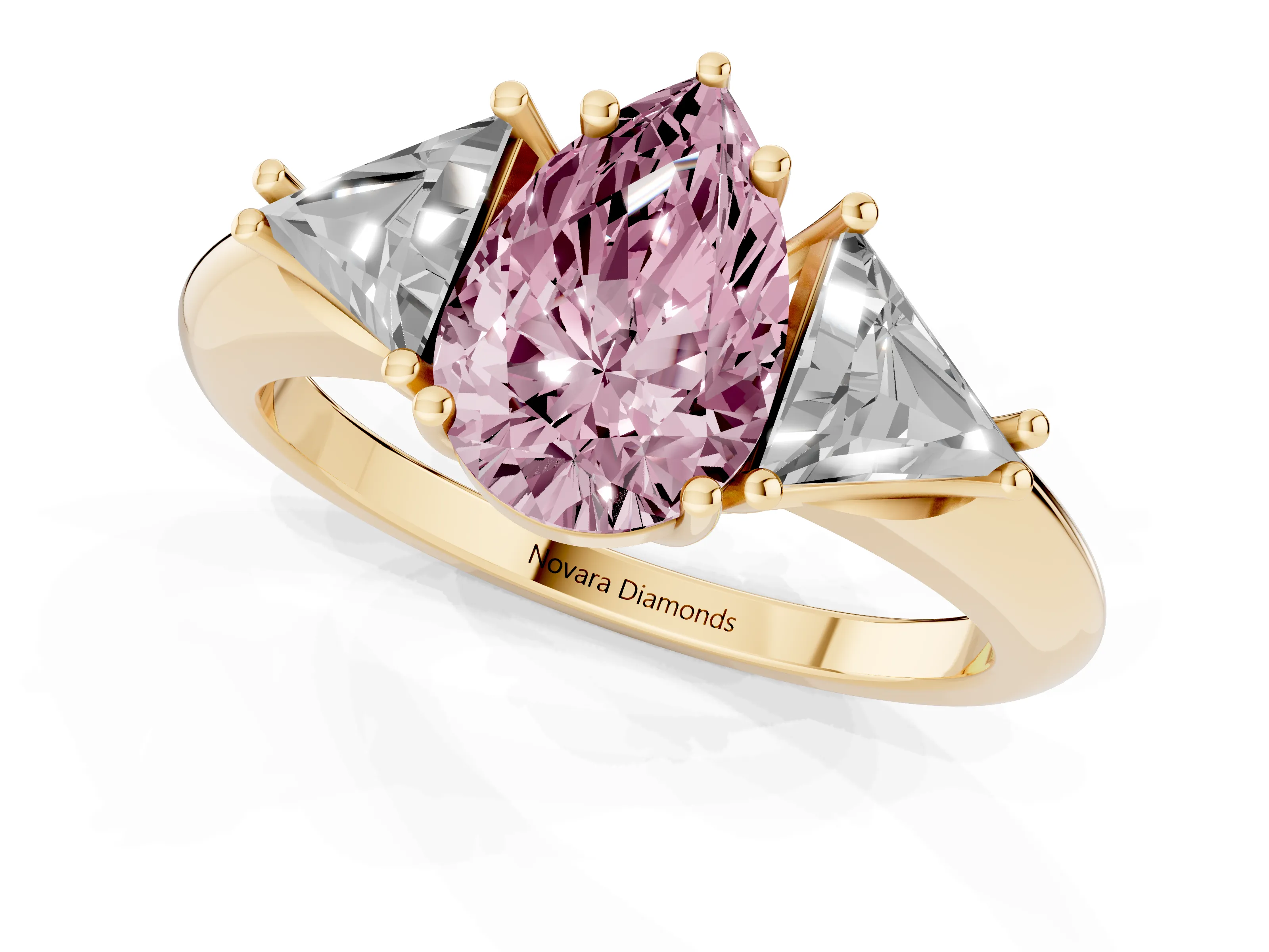 Fancy Pink Pear Cut Diamond Three-Stone Engagement Ring Set in Yellow gold with Trillion Side Stones