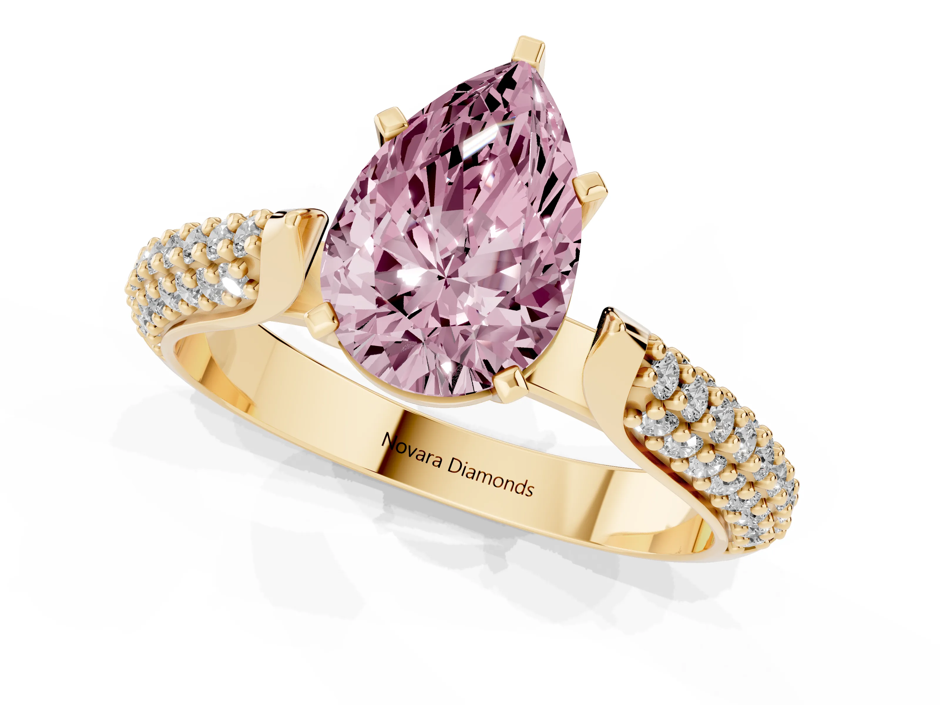 Fancy Pink Pear Cut Diamond Solitaire Engagement Ring Set in Yellow gold with Multi-Row Round Pavé Band and Prong Setting