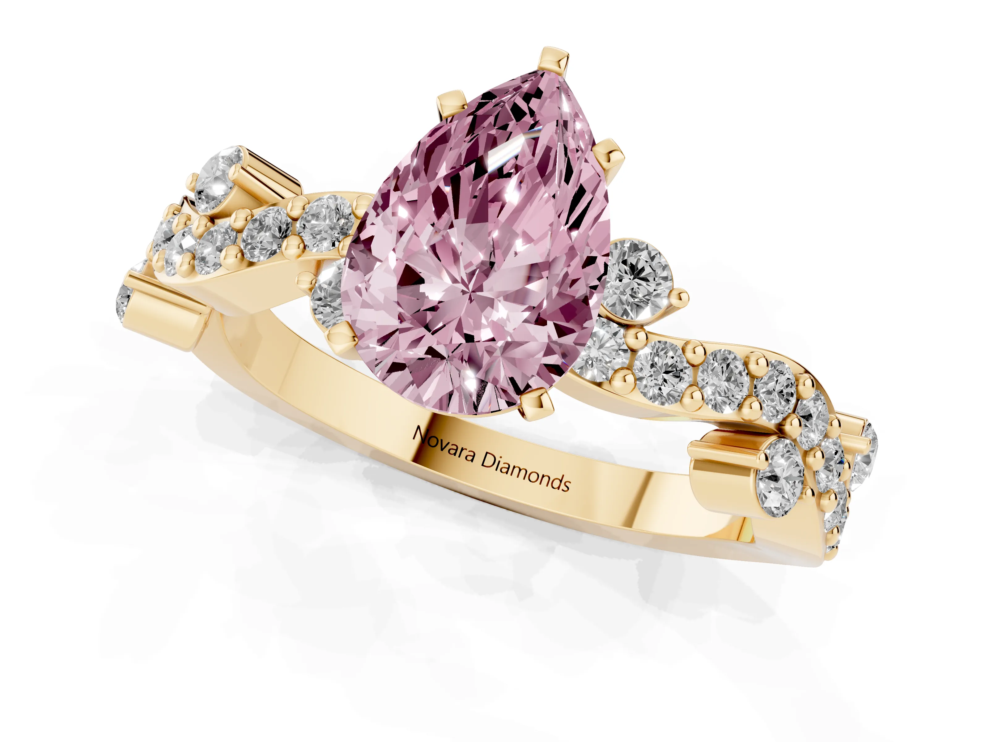Fancy Pink Pear Cut Diamond Solitaire Twisted Band Set in Yellow gold with Pavé Setting