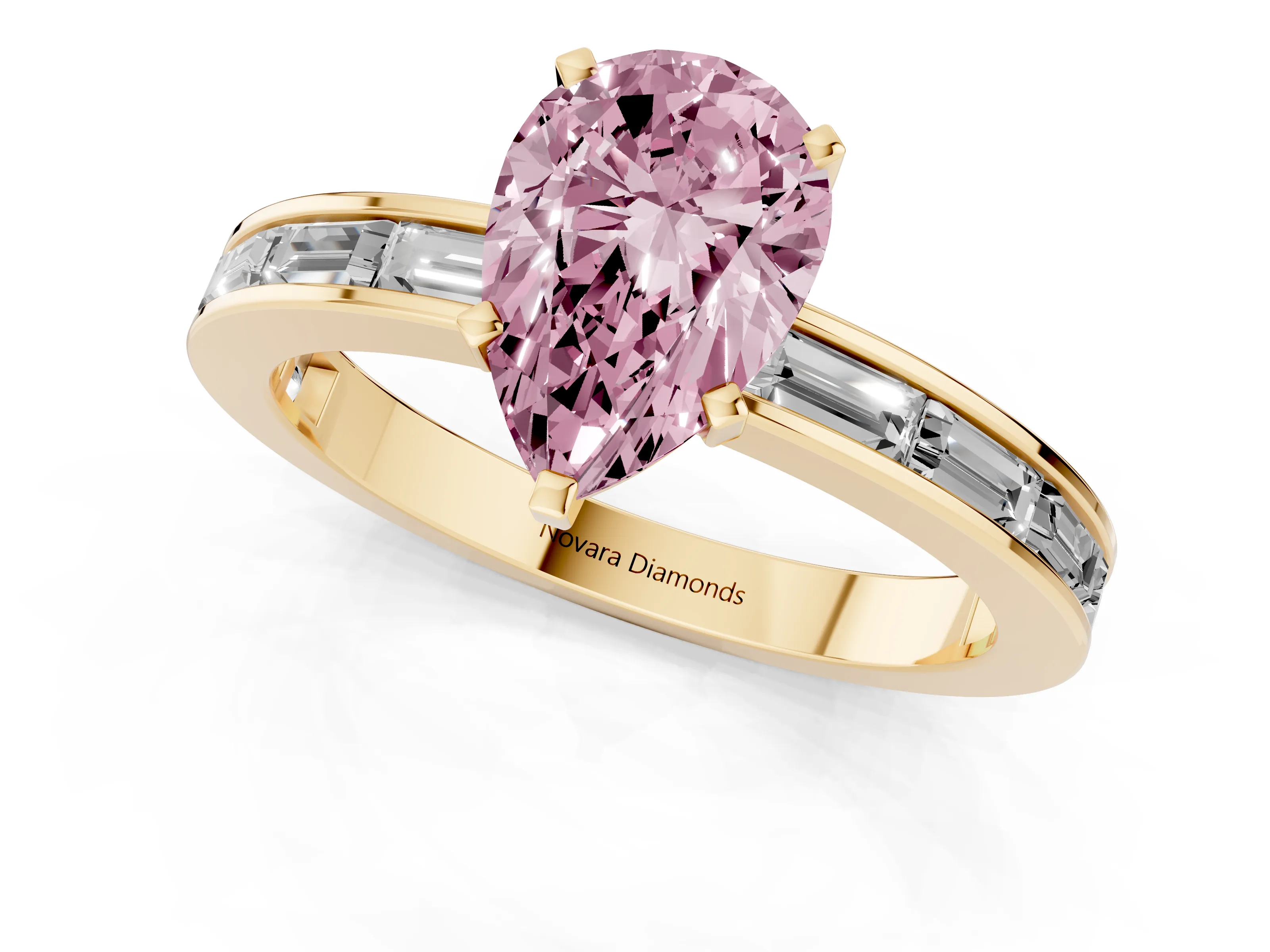 Fancy Pink Pear Cut Diamond Solitaire Ring Set in Yellow gold with Channel-Set Baguette Band and Prong Setting