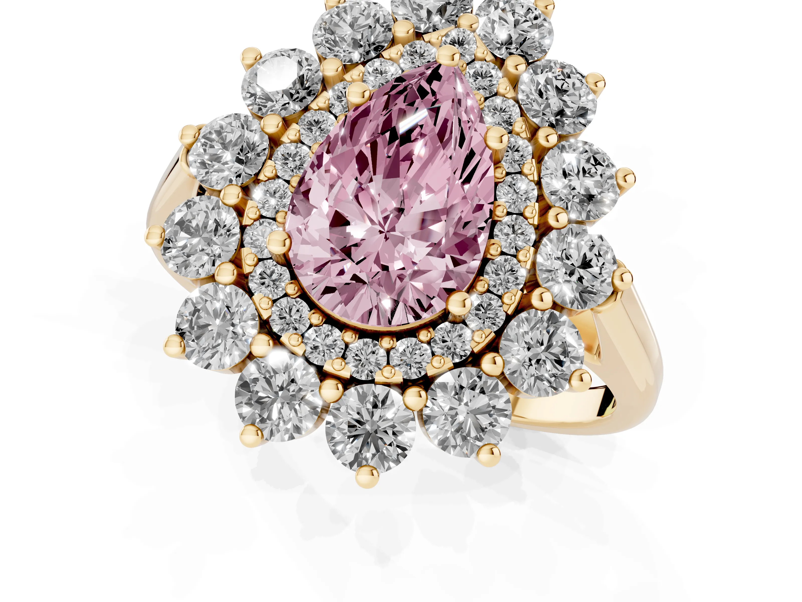 Fancy Pink Pear Cut Diamond Floral Double Halo Ring Set in Yellow gold with Round Petals