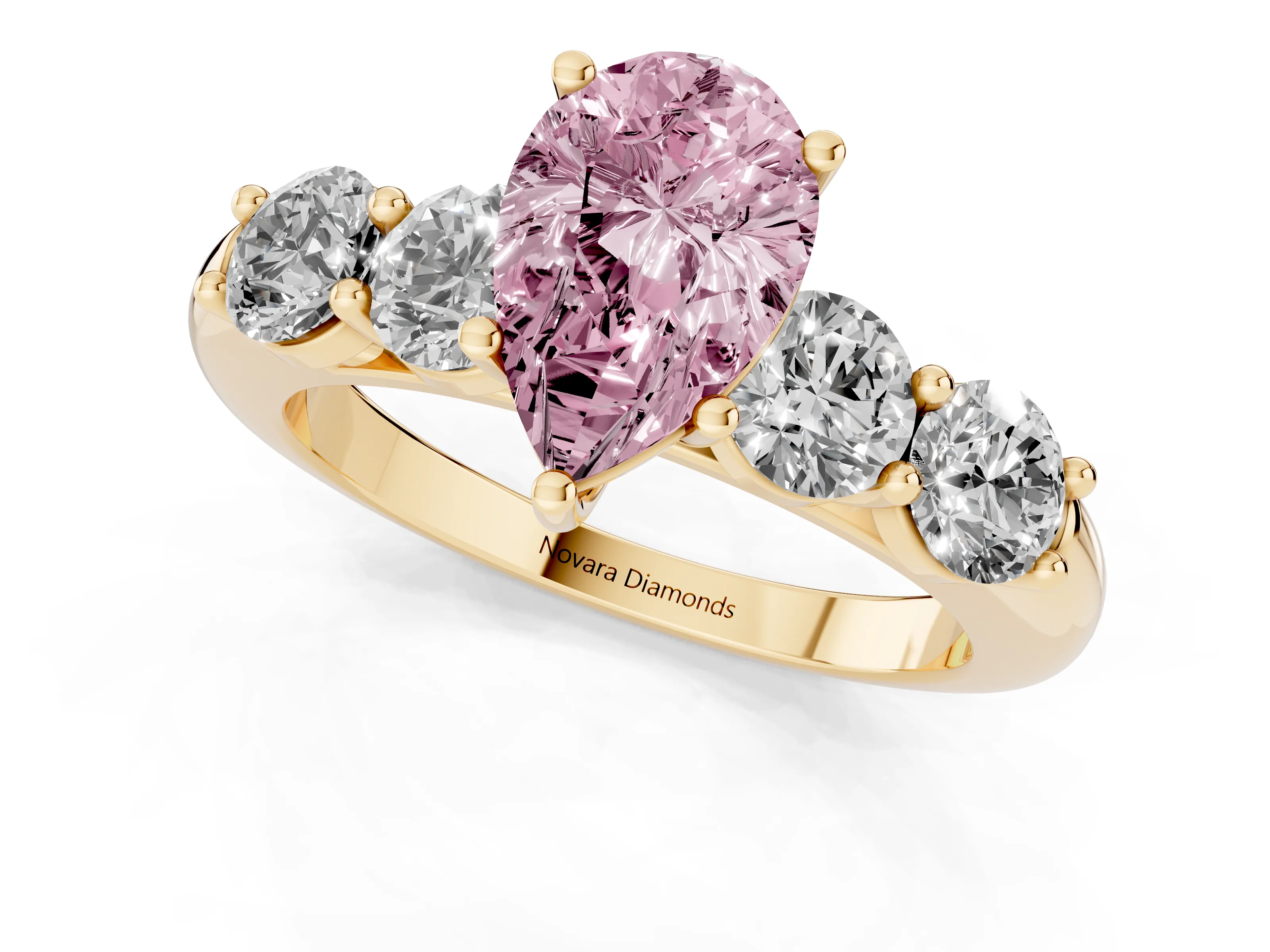 Fancy Pink Pear Cut Diamond Five-Stone Prong Set Ring Set in Yellow gold with Classic Band