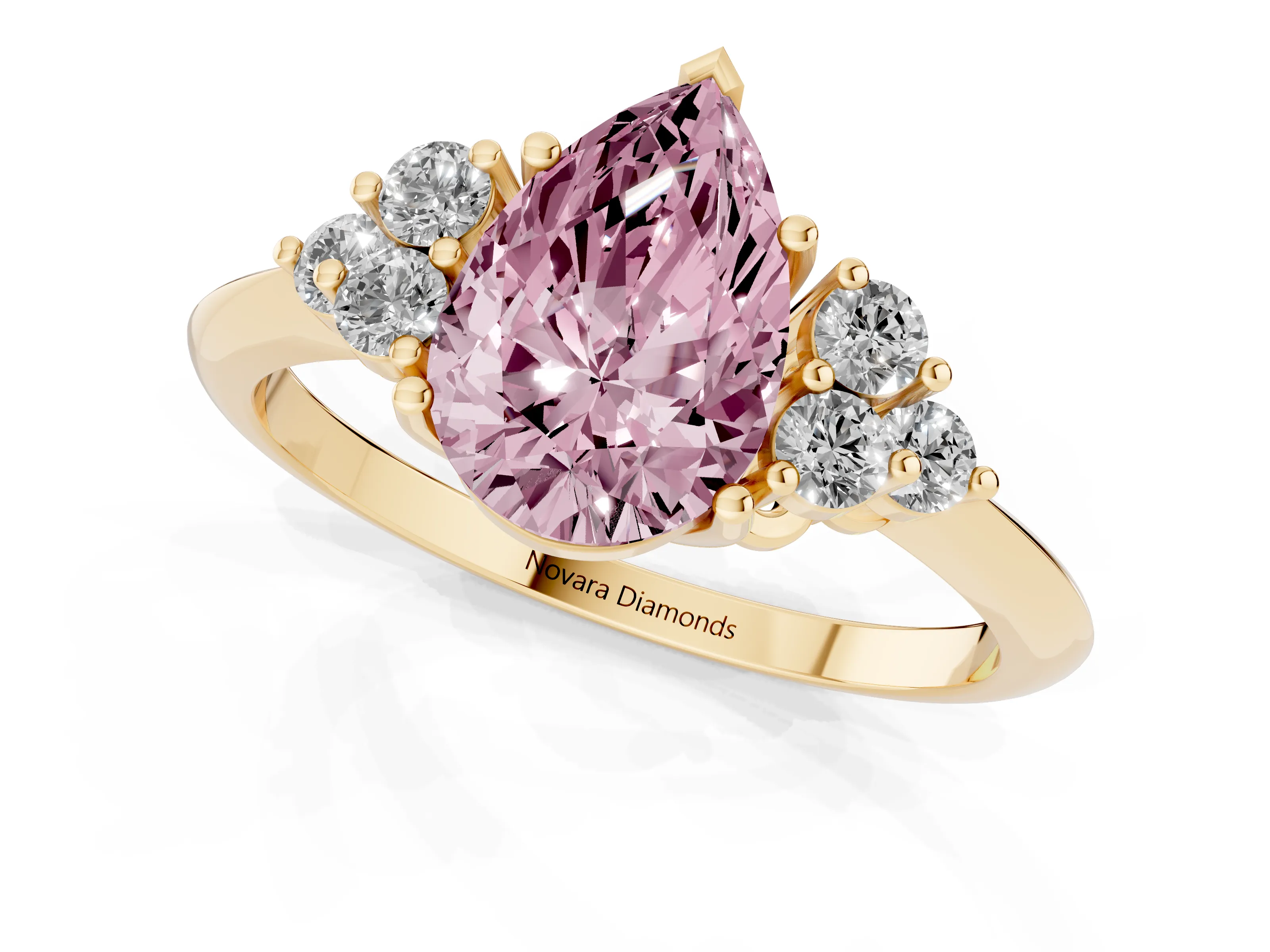 Fancy Pink Pear Cut Diamond Cluster Ring Set in Yellow gold with Plain Band and Prong Setting