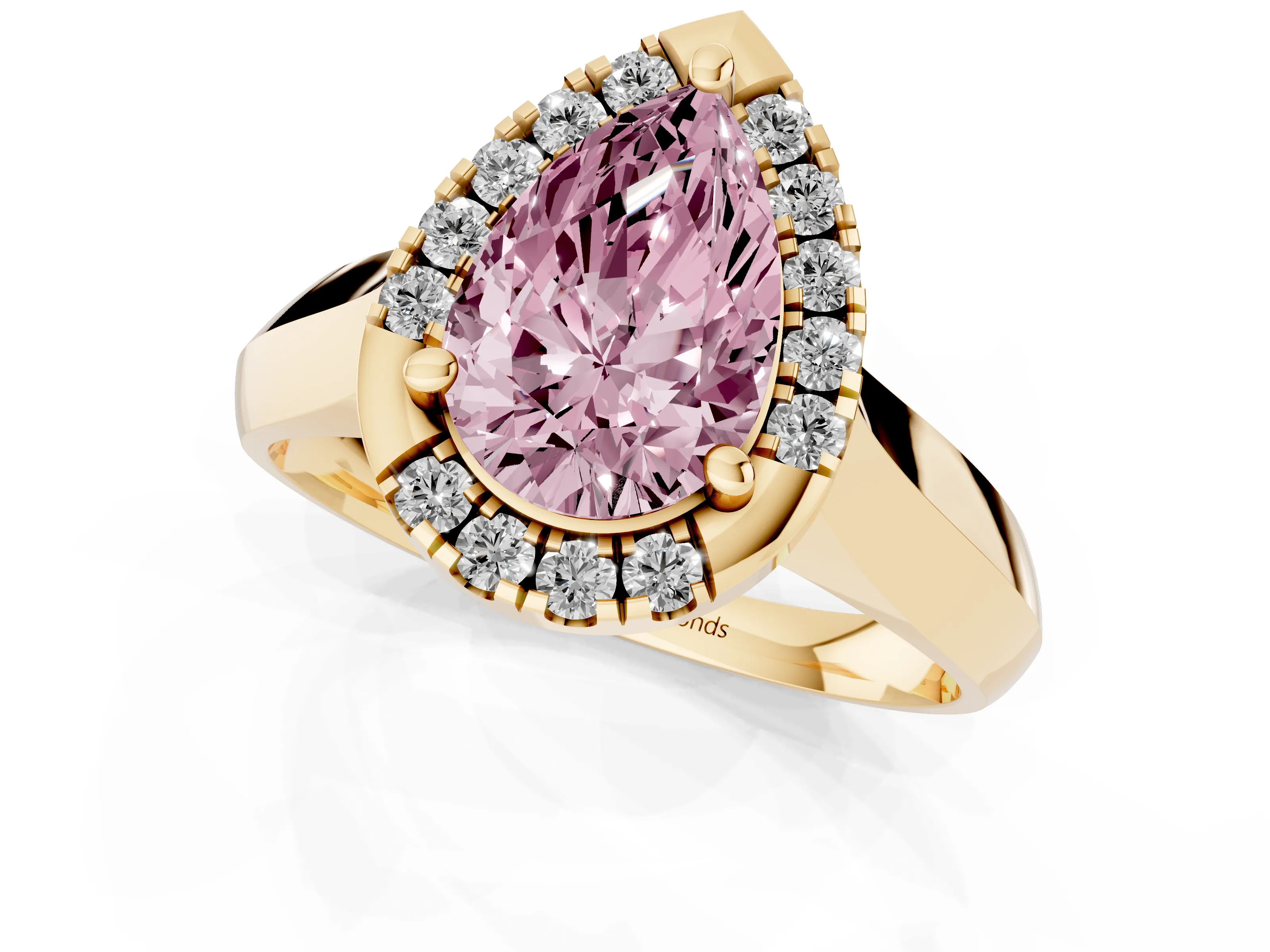 Fancy Pink Pear Cut Diamond Halo Solitaire Engagement Ring Set in Yellow gold with Square Band and Prong Setting
