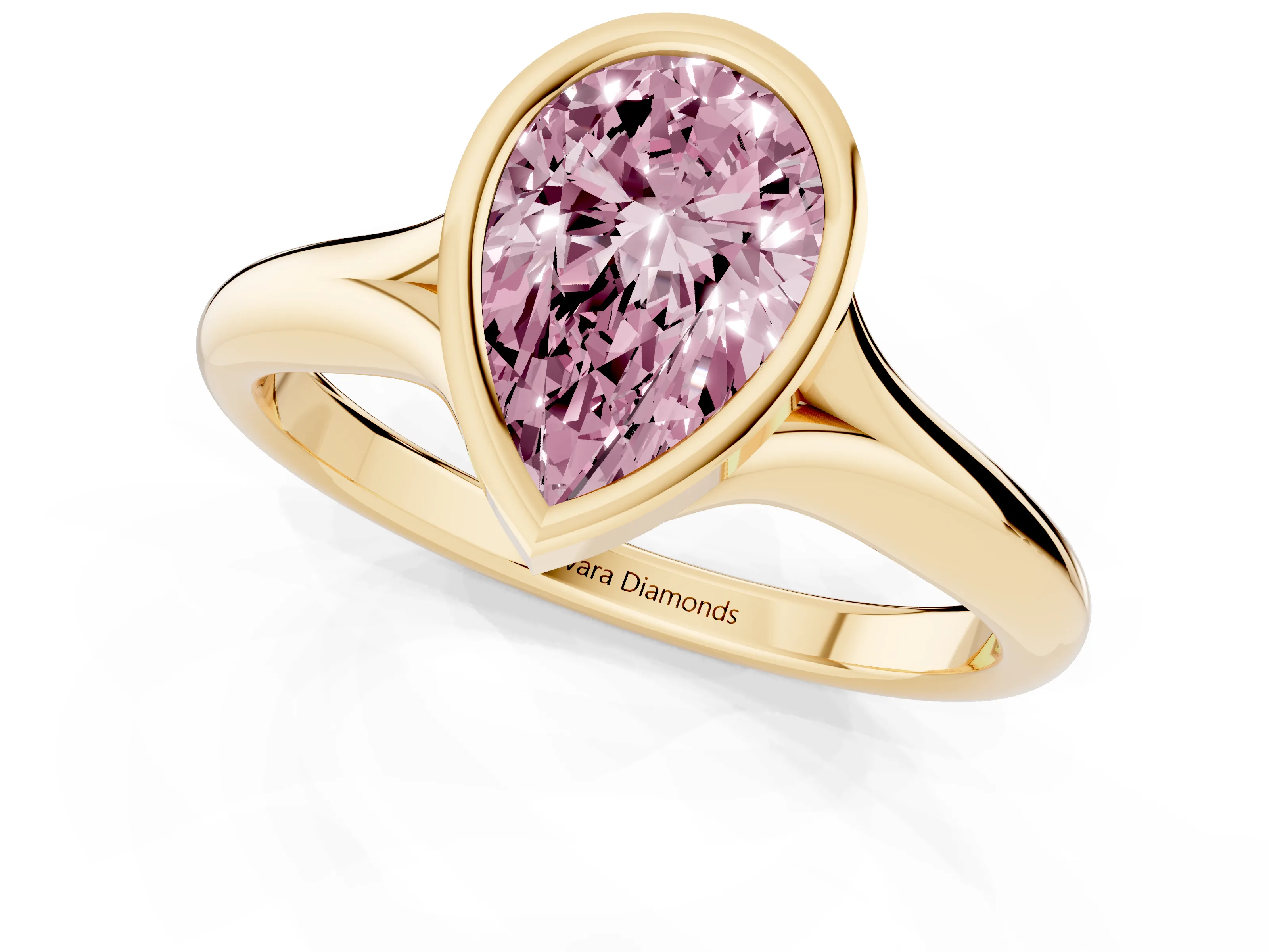 Fancy Pink Bezel Set Pear Cut Diamond Solitaire Ring Set in Yellow gold with Smooth Band