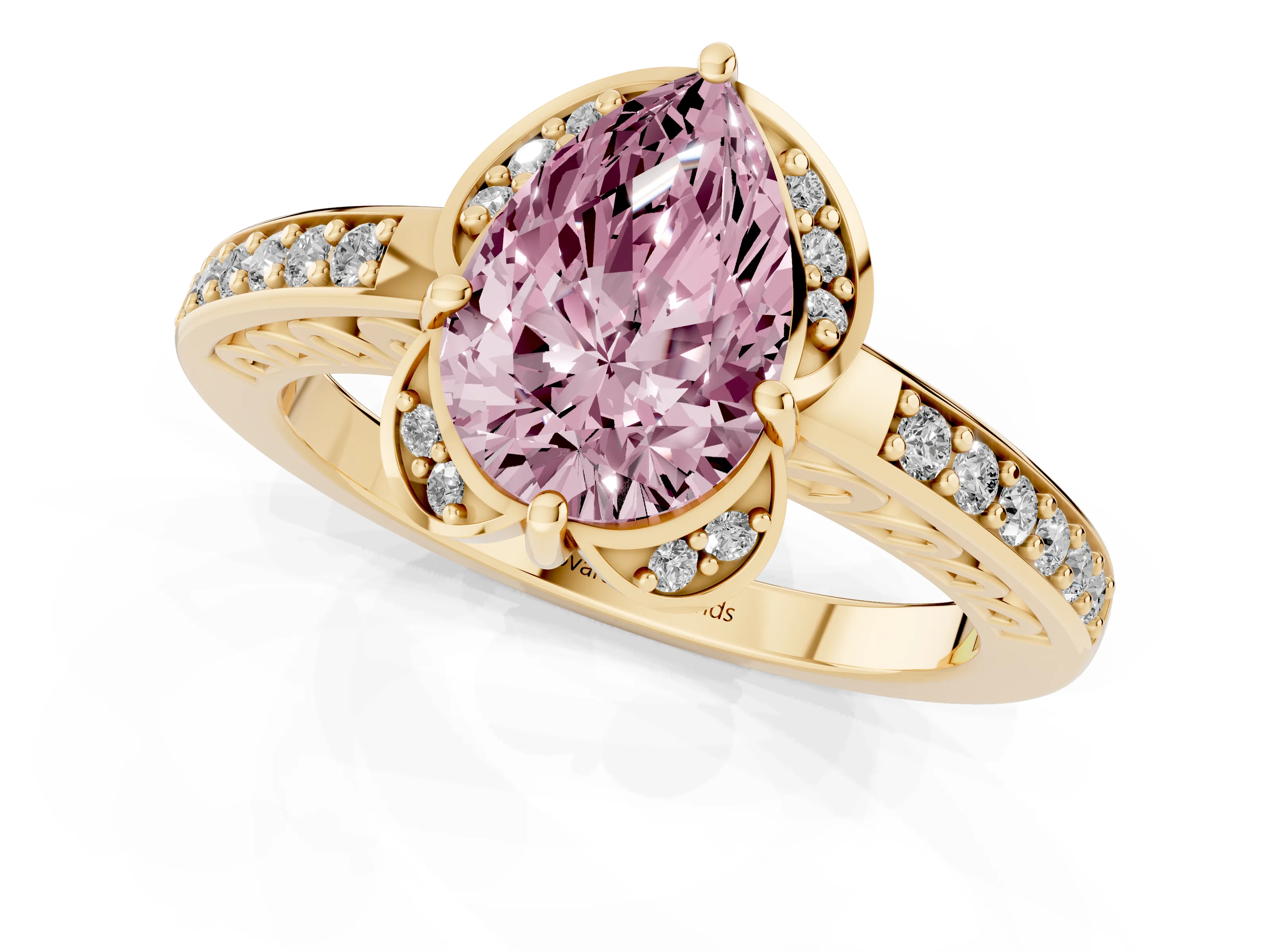 Fancy Pink Pear Cut Diamond Halo Ring Set in Yellow gold with Channel Set Band and Prong Setting