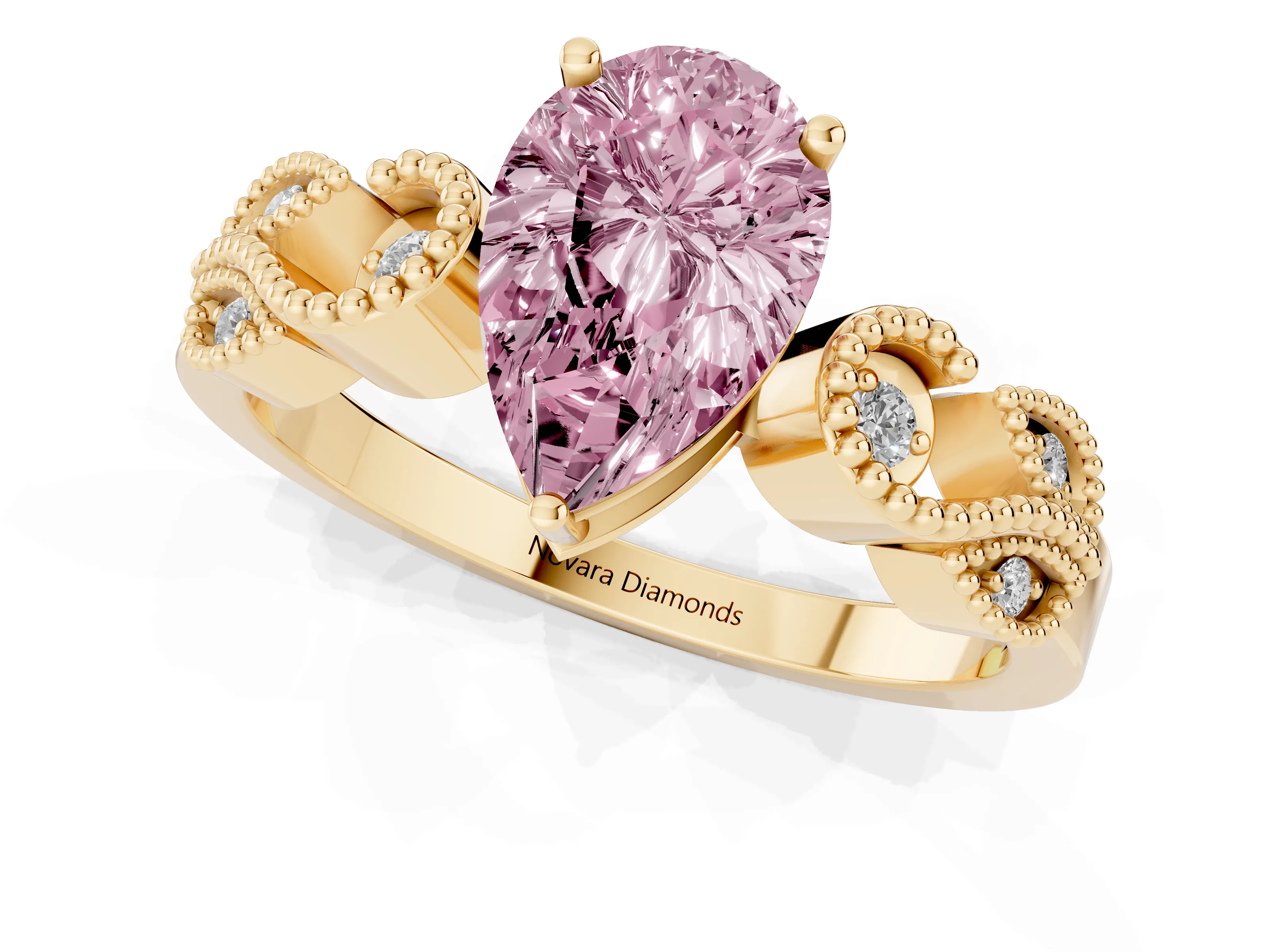 Fancy Pink Pear Cut Diamond Milgrain Leaf Band Solitaire Ring Set in Yellow gold with Accent Stones and Prong Setting