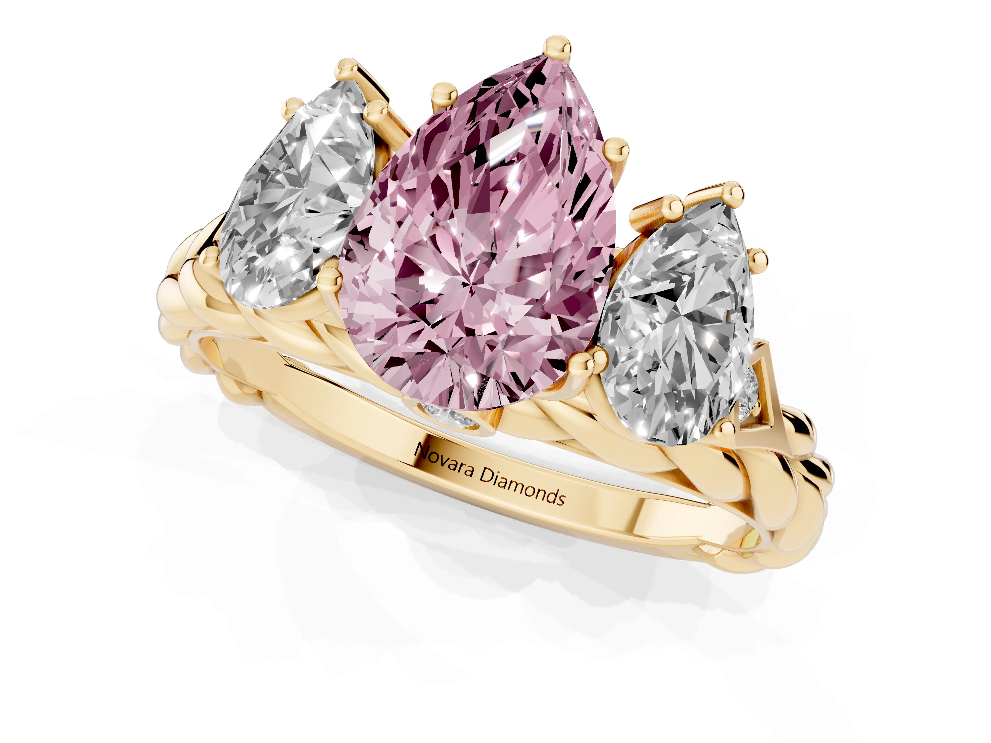 Fancy Pink Pear Cut Diamond Three-Stone Ring Set in Yellow gold with Braided Band